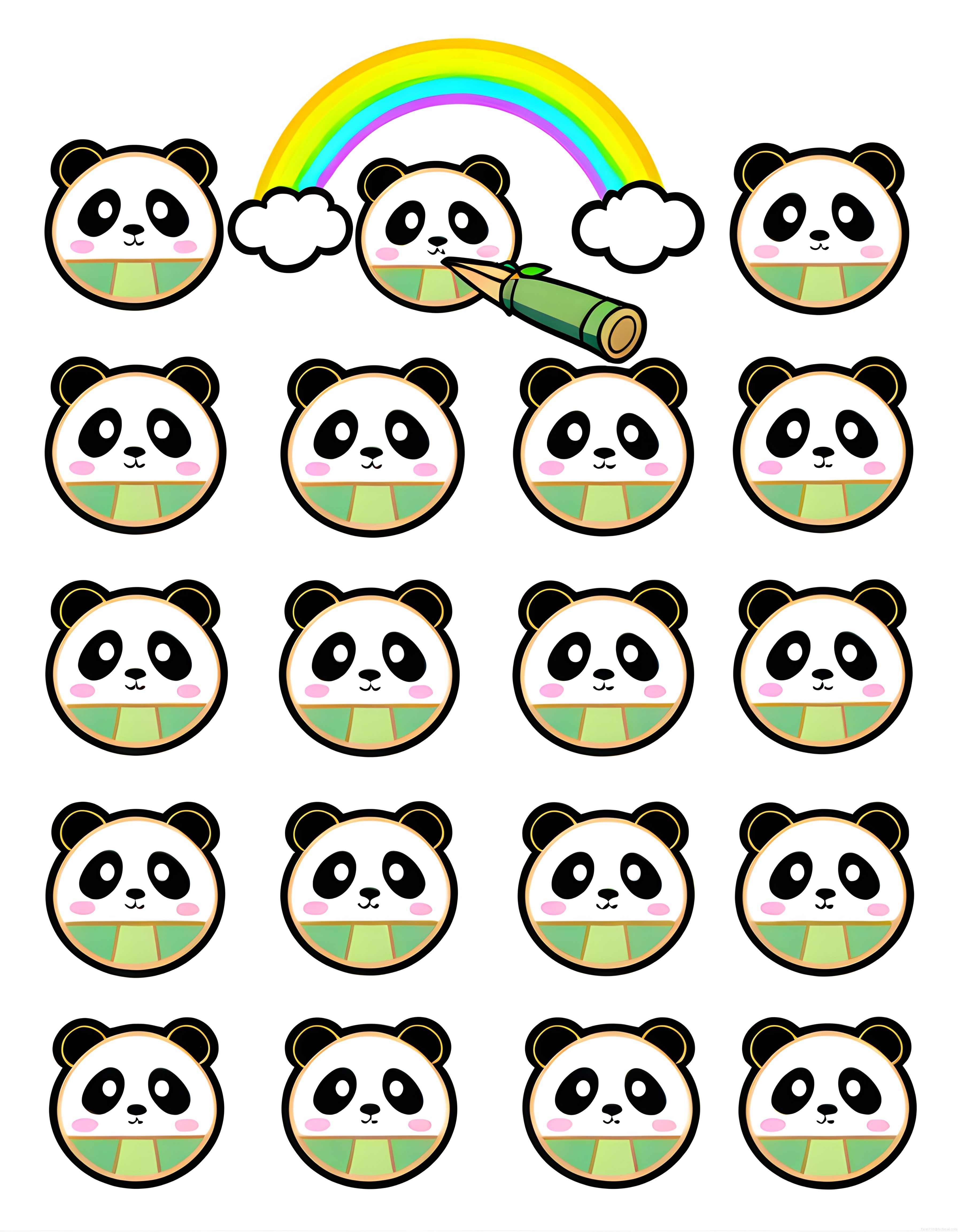 Sevimli Kawaii Panda Yüzleri ve Gökkuşağı ile Renkli Dijital Çıkartma Seti