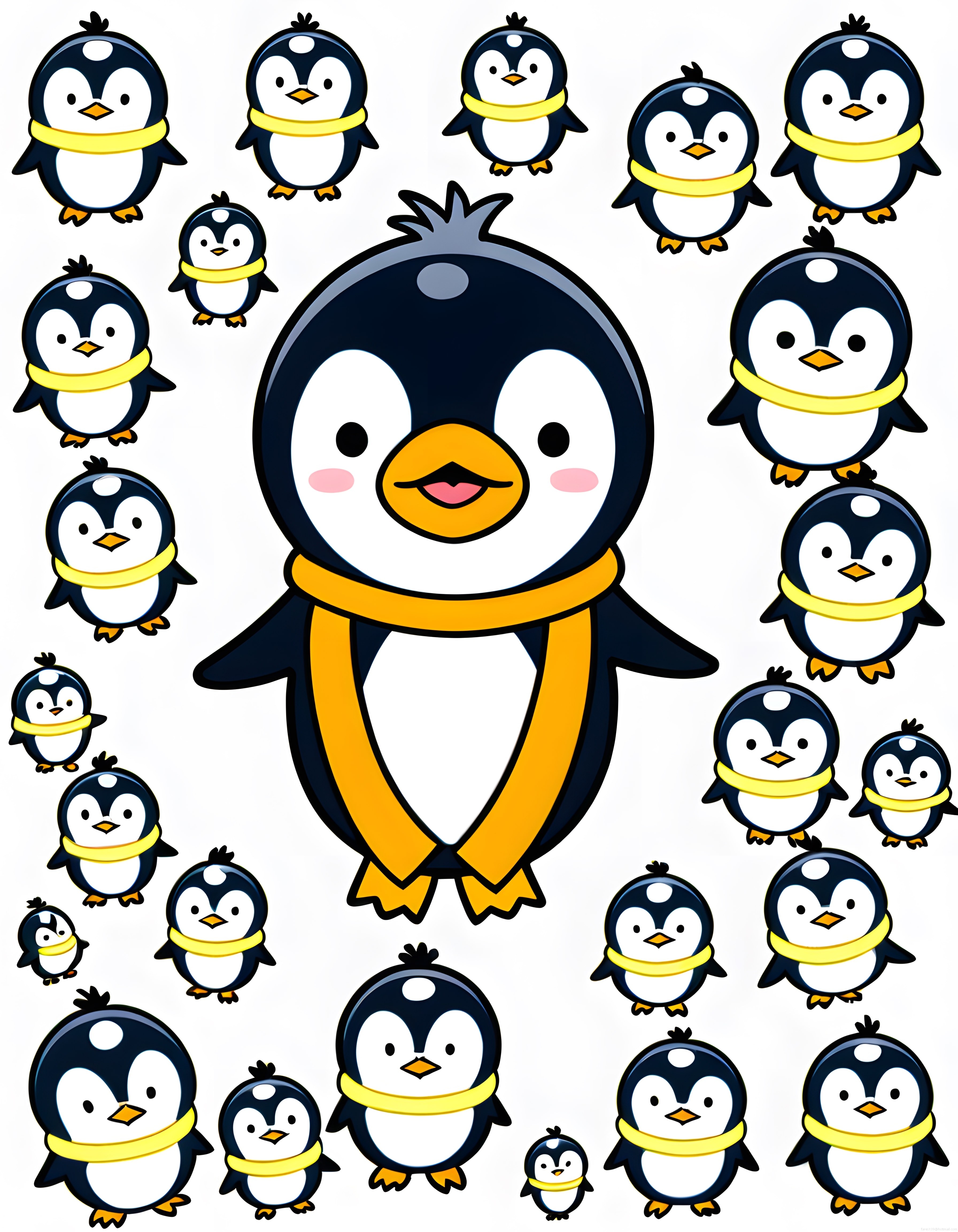 Sevimli Kawaii Penguenler: Sarı Atkılı Karikatür Karakterler ve Minik Yavrular