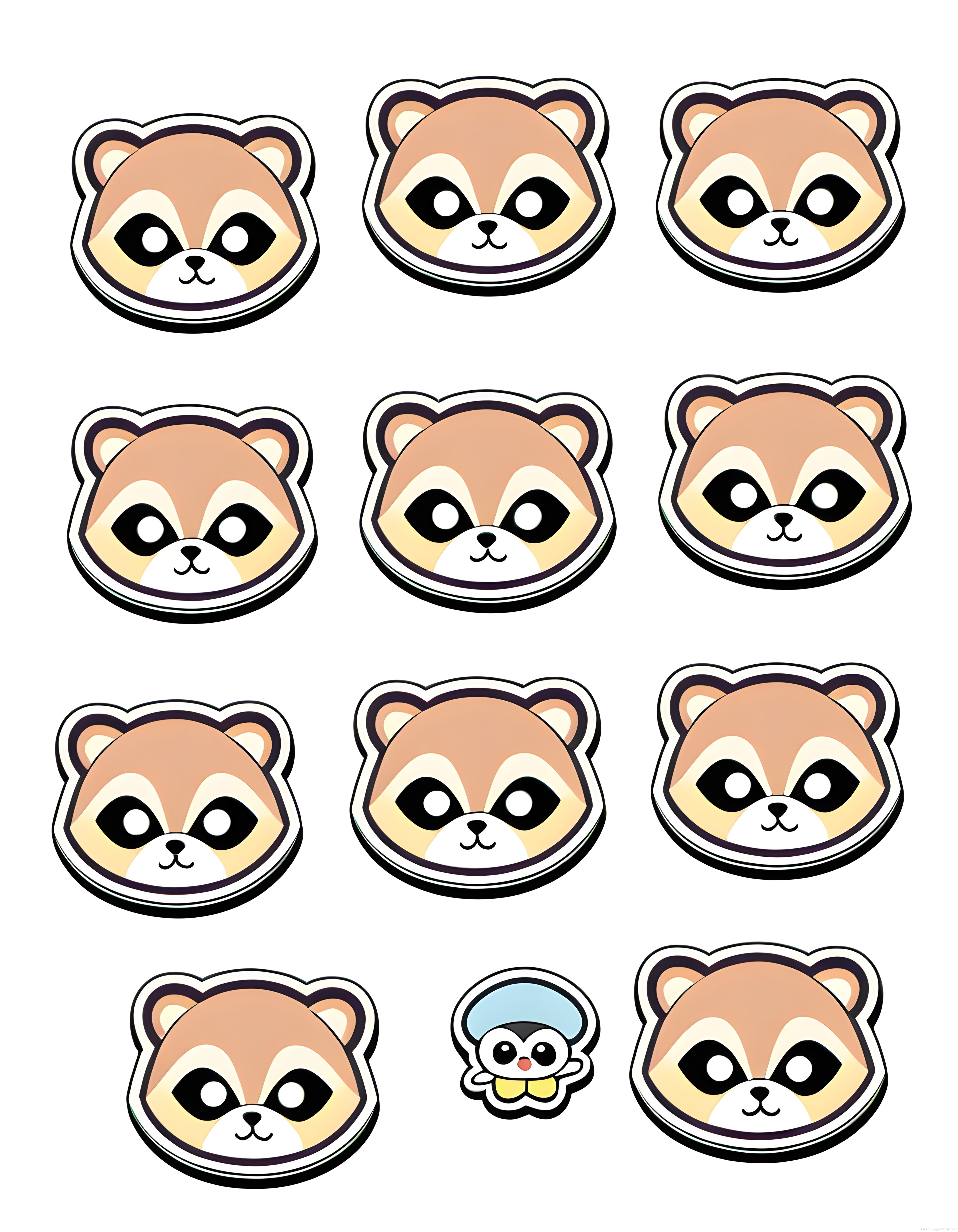 sevimli kawaii rakun penguen karakter yüz sticker seti çizim örneği