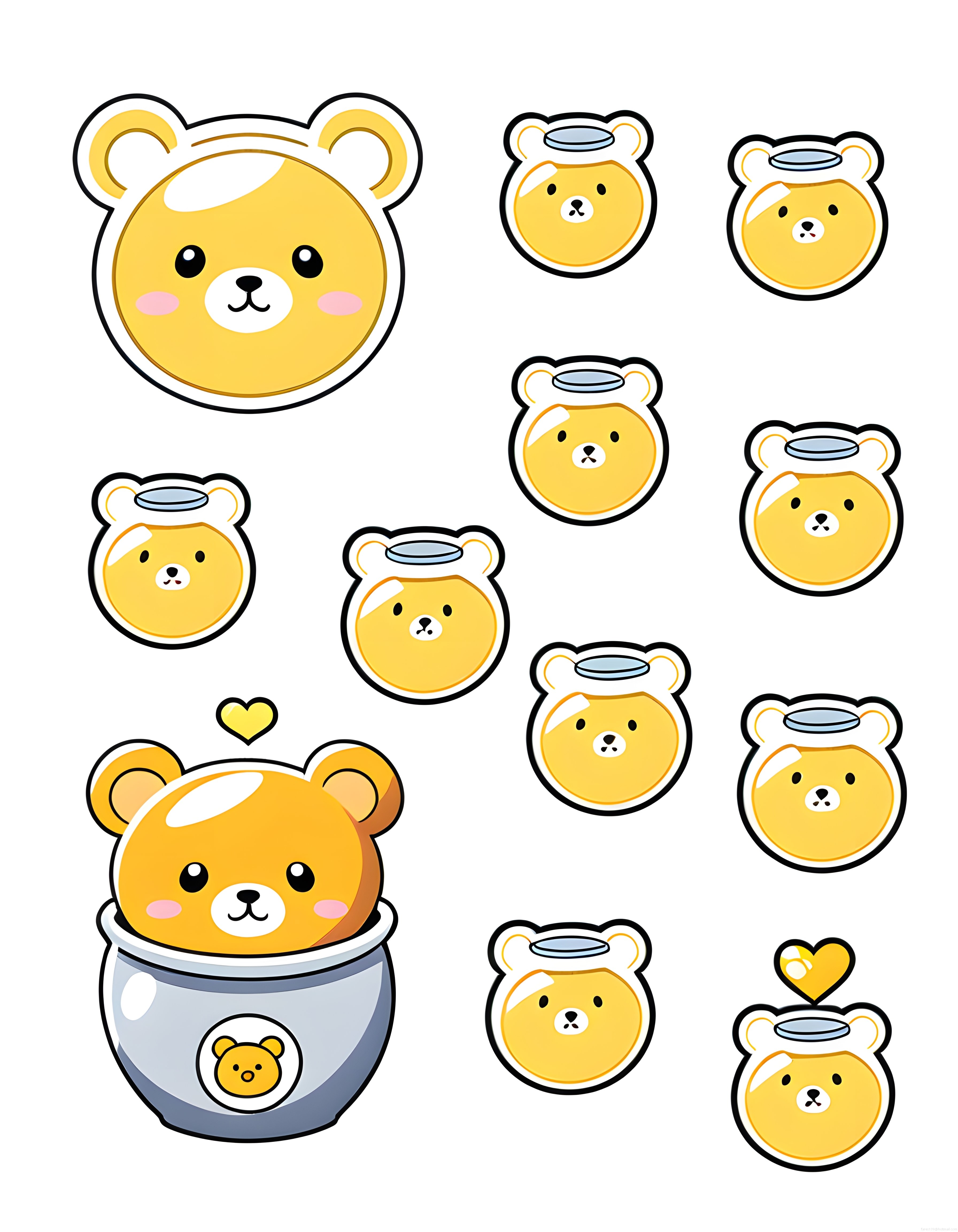 Sevimli Kawaii Sarı Ayıcık ve Bal Kavanozu Temalı Karikatür Sticker Seti