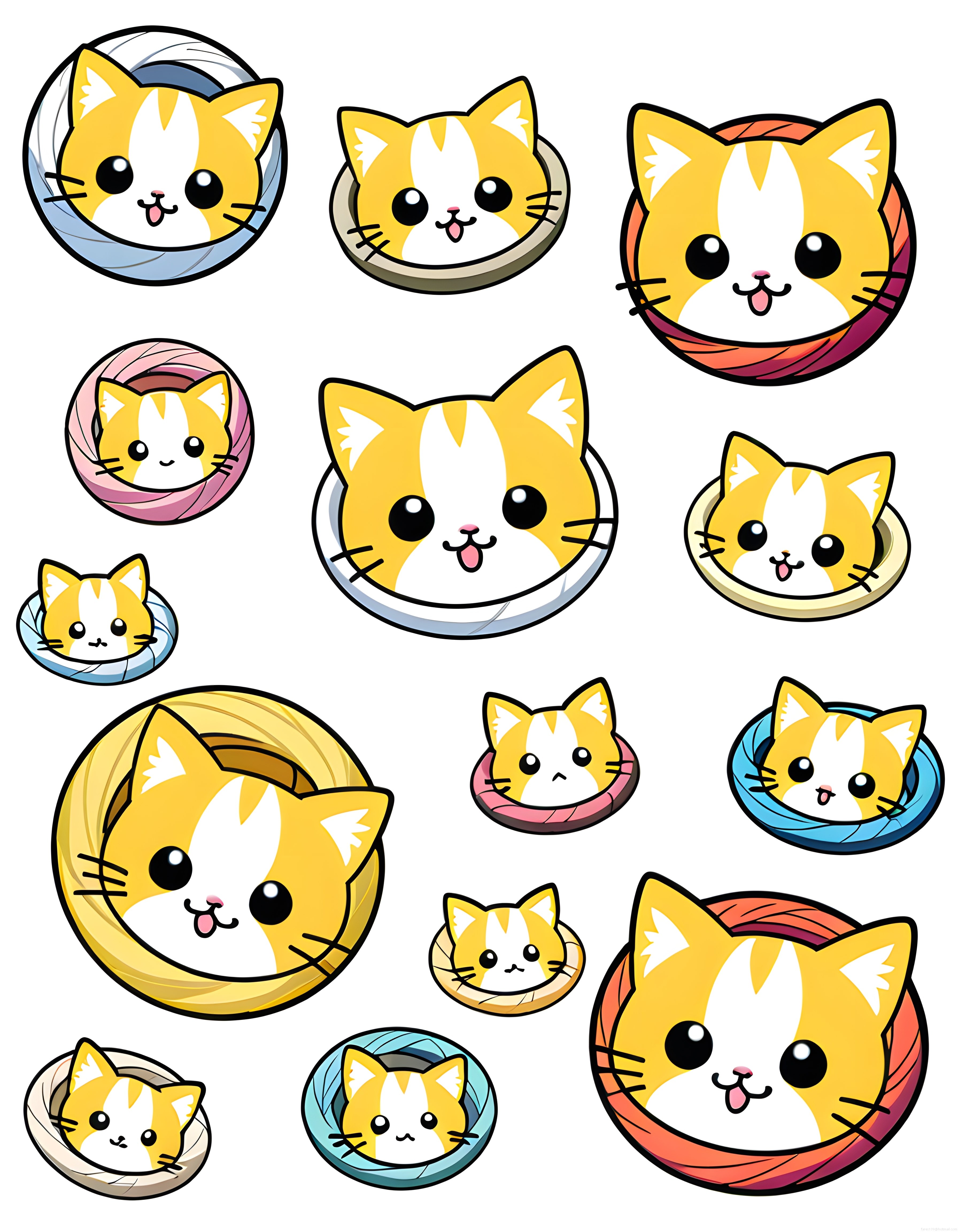 Sevimli kawaii sarı kedi yüzü çizim koleksiyonu ve renkli halkalar