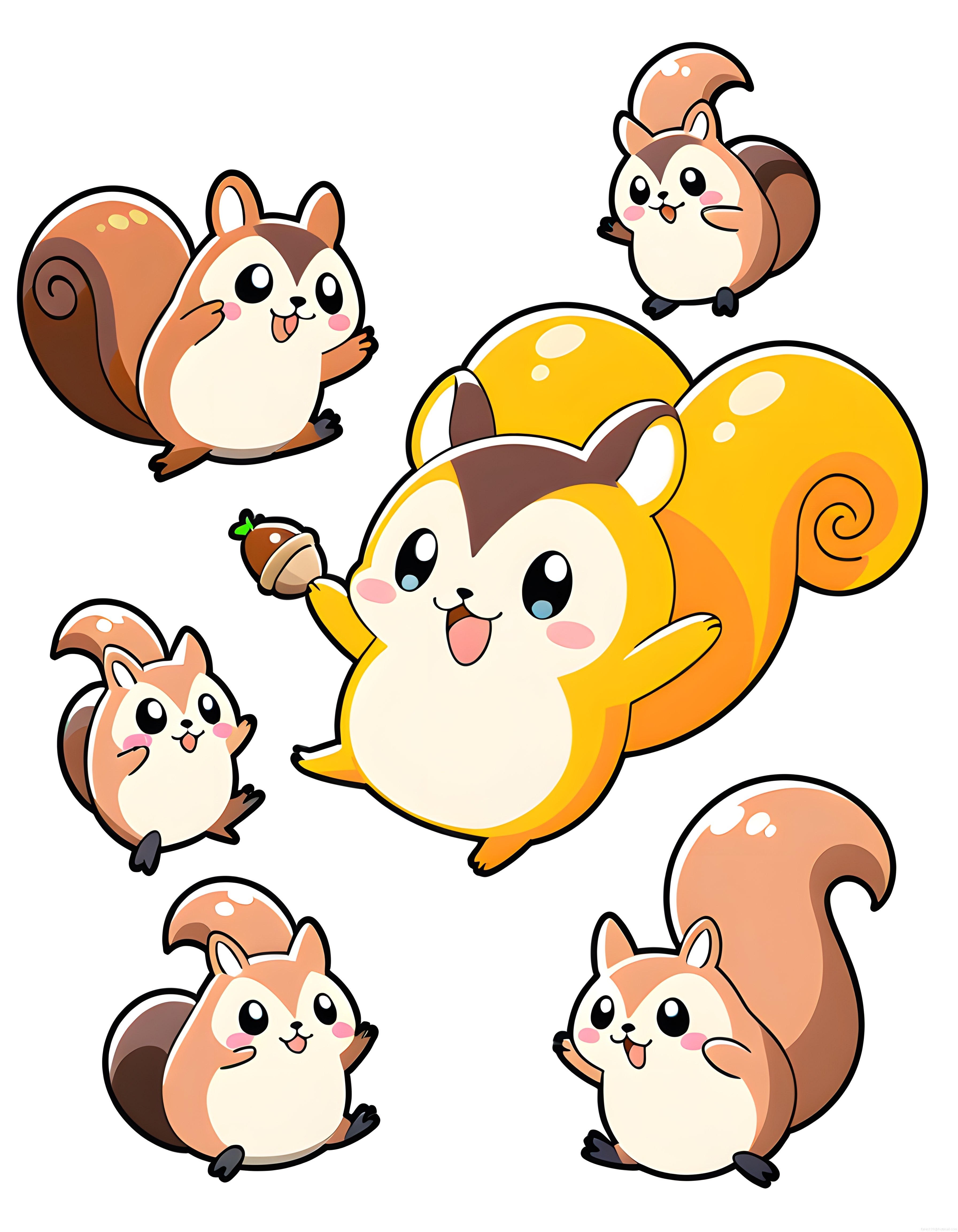 Sevimli kawaii sincap karakterleri: renkli animasyon tarzı çizim seti