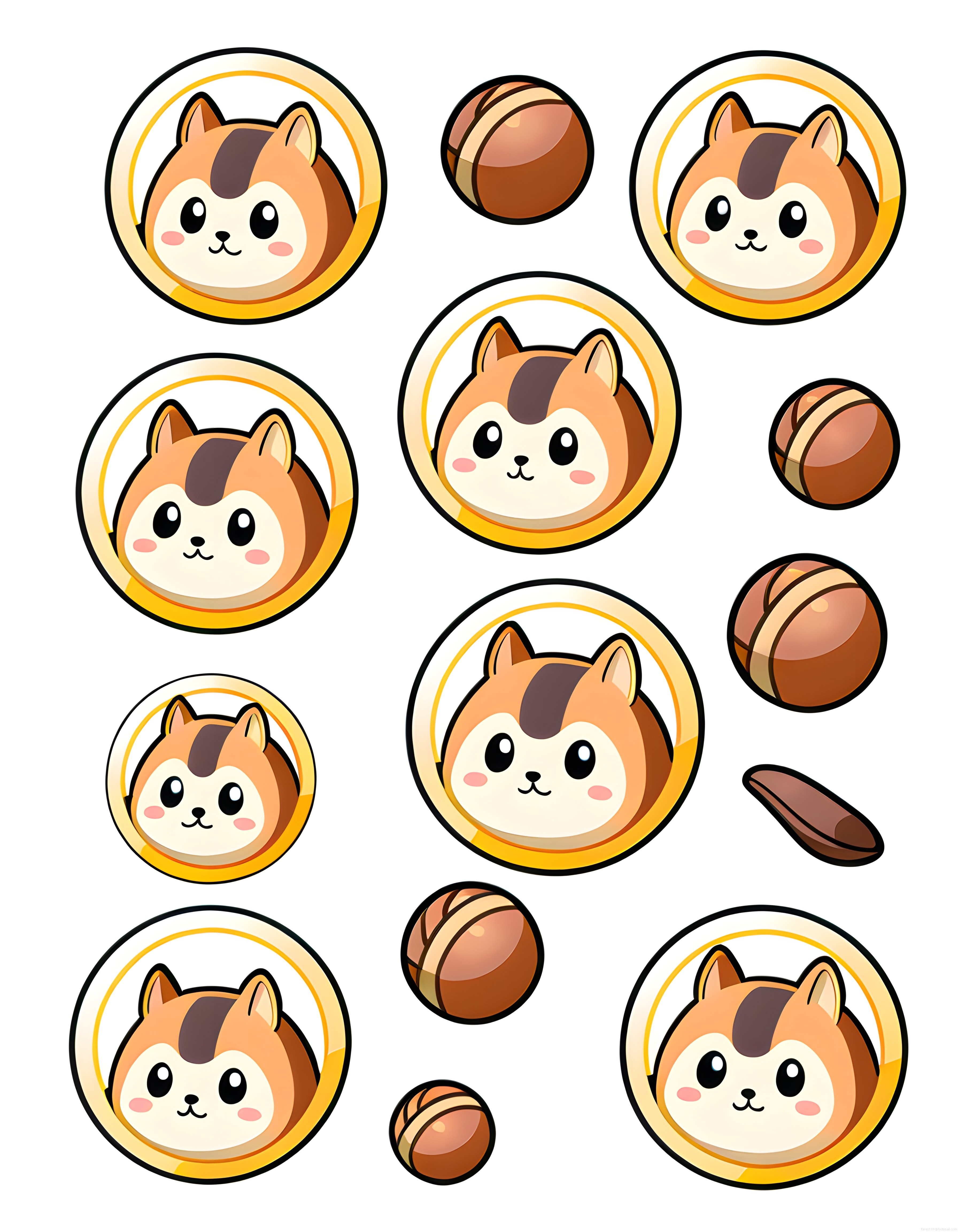 Sevimli Kawaii Sincap ve Fındık Dairesel Çerçeve Sticker Çizim Seti