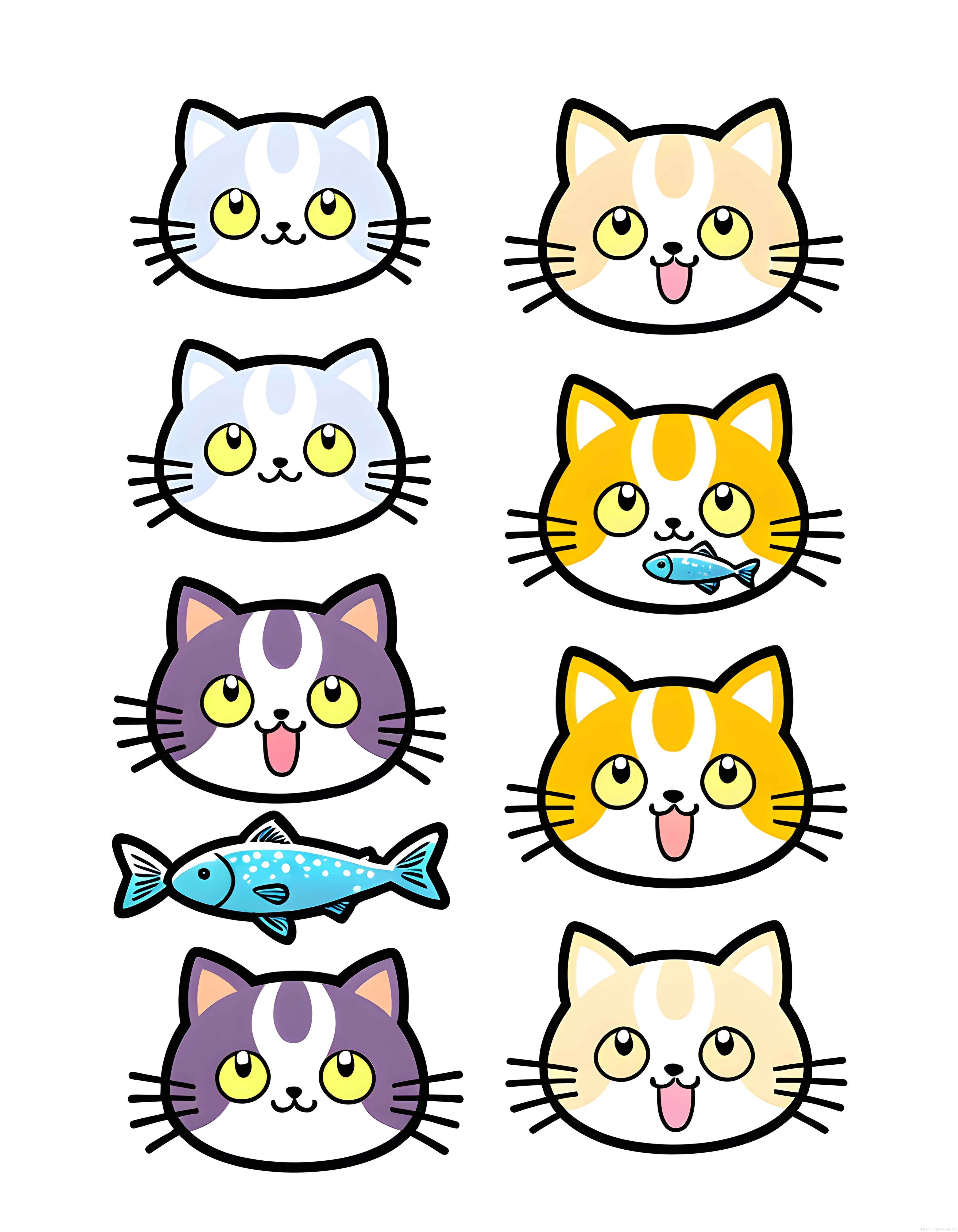 Sevimli Kawaii Tarzında Renkli Kedi Yüzleri ve Balık İçeren Dijital Çizim Seti