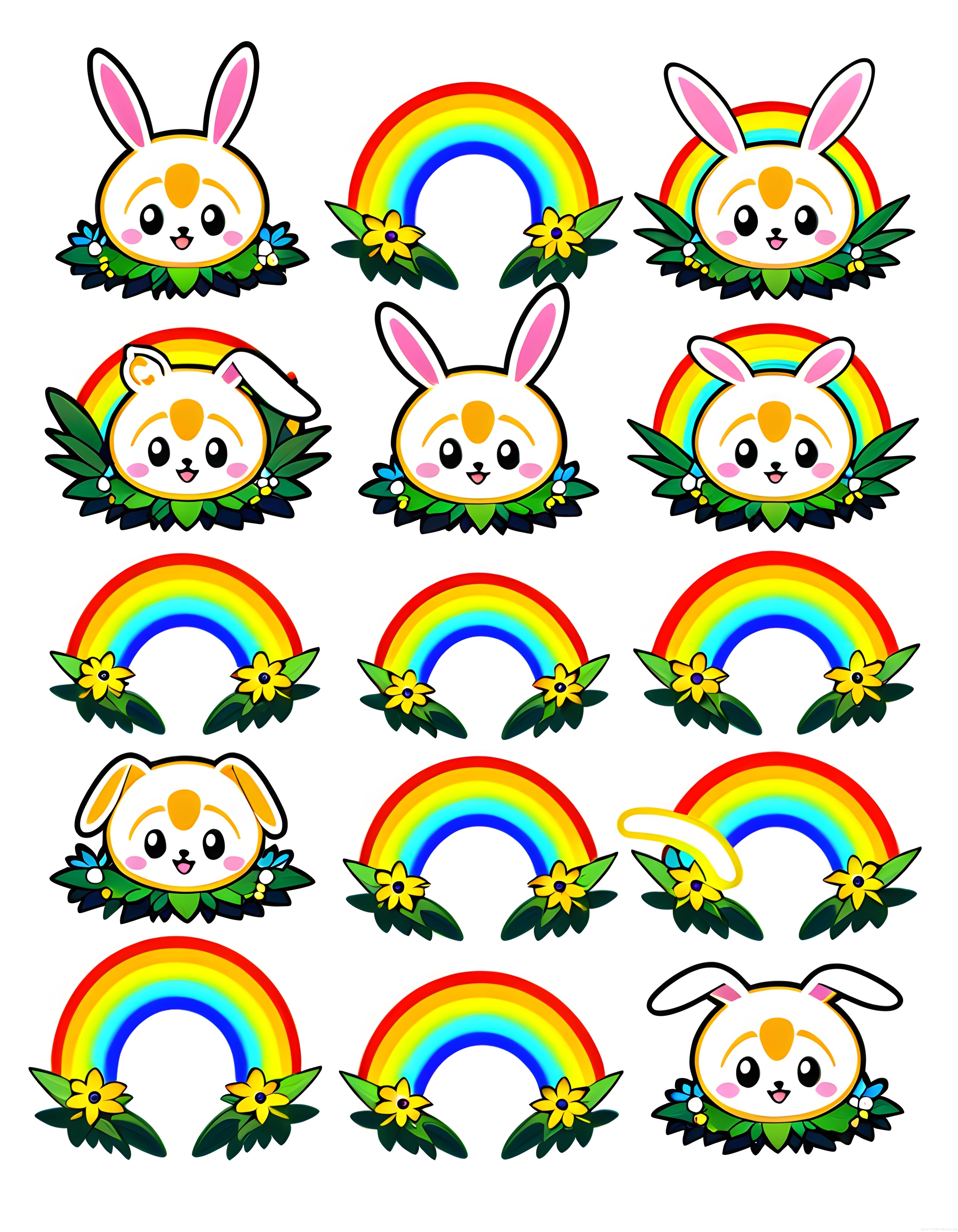 Sevimli Kawaii Tavşan ve Renkli Gökkuşağı Bahar Vektör Sticker Koleksiyonu