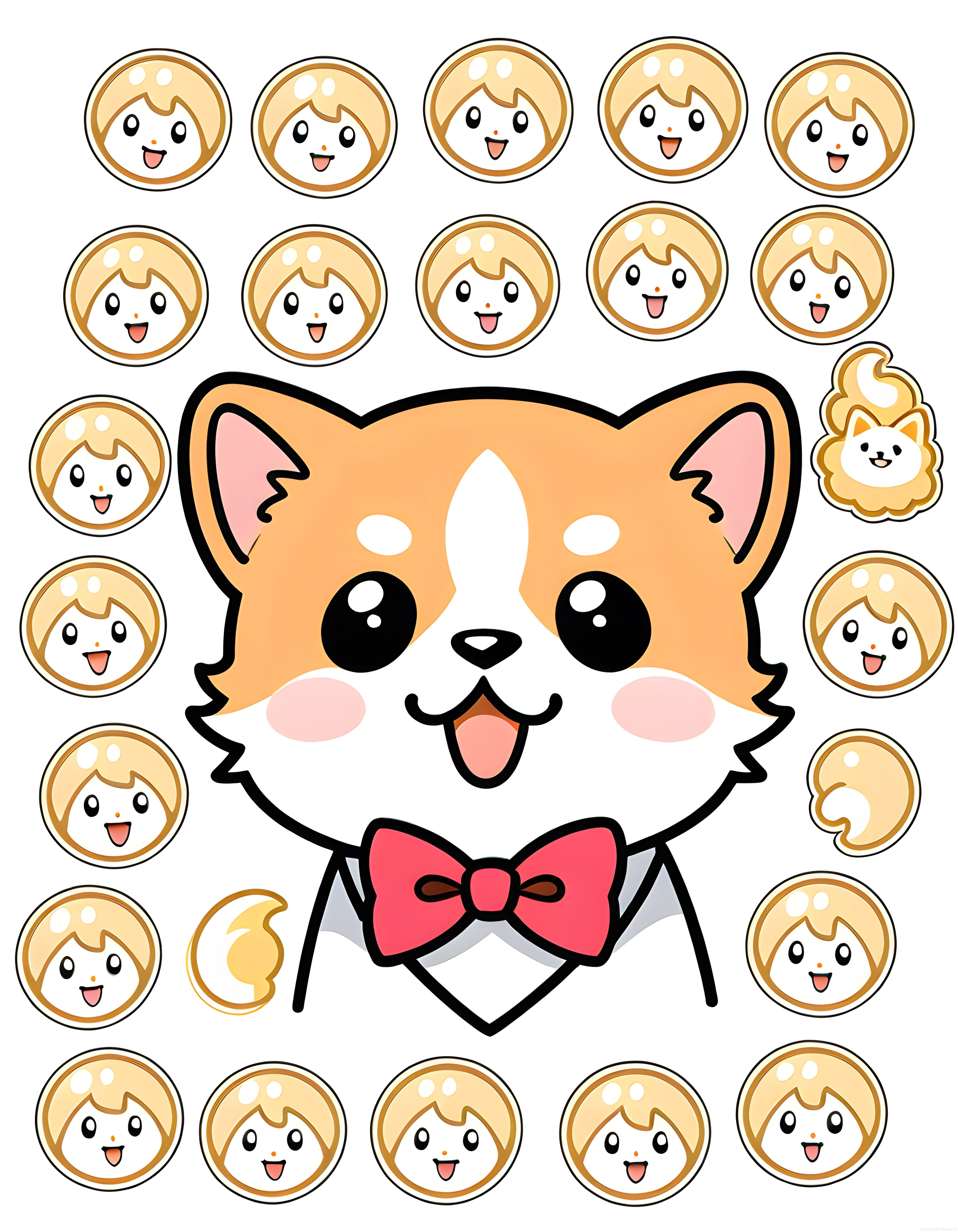 Sevimli Kawaii Tilki Köpek Karakteri ve Farklı Duygu Durumu İfade Çeşitleri