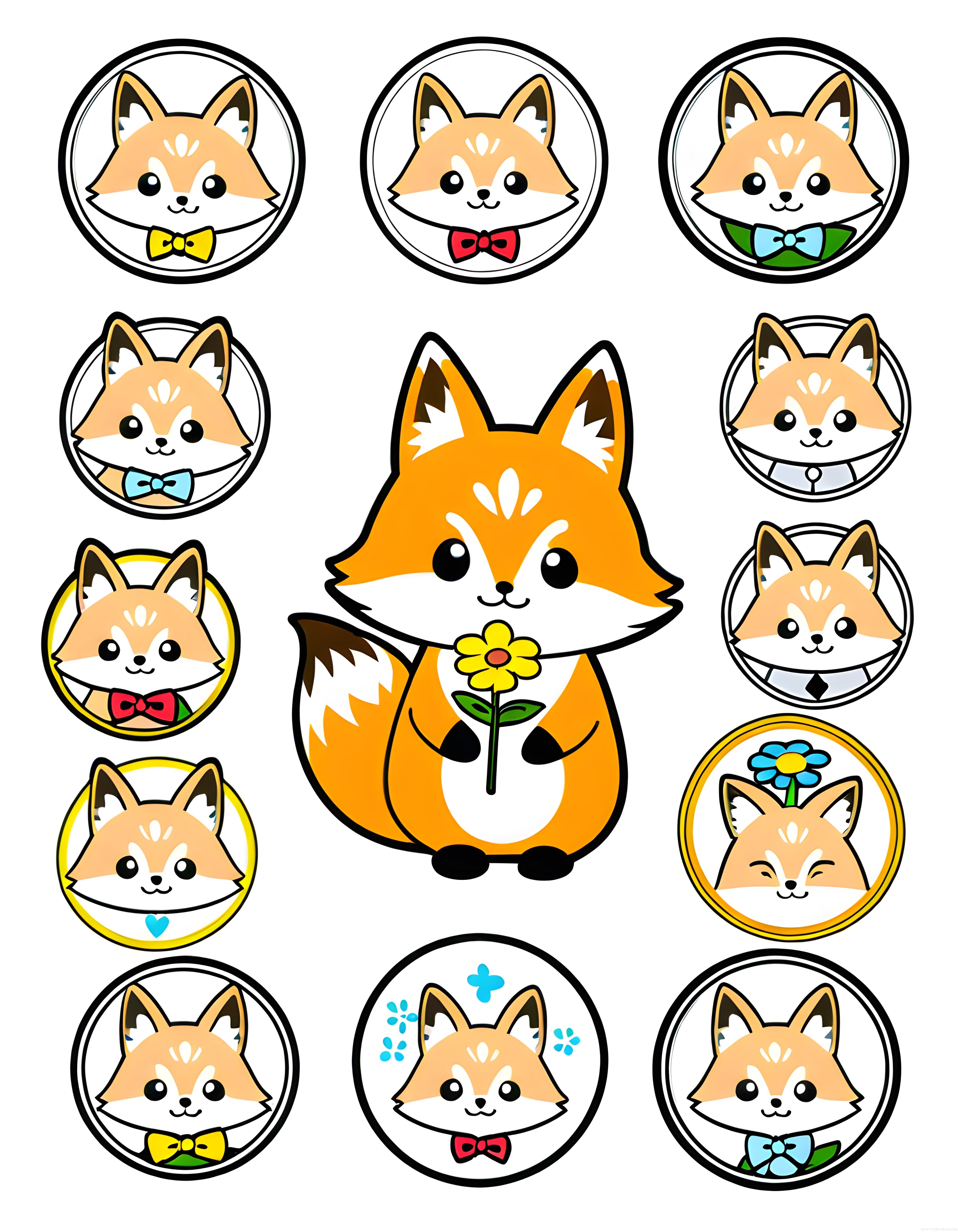 Sevimli Kawaii Tilki Maskot ve Sticker Koleksiyonu Dairesel Çerçeve İllüstrasyonu