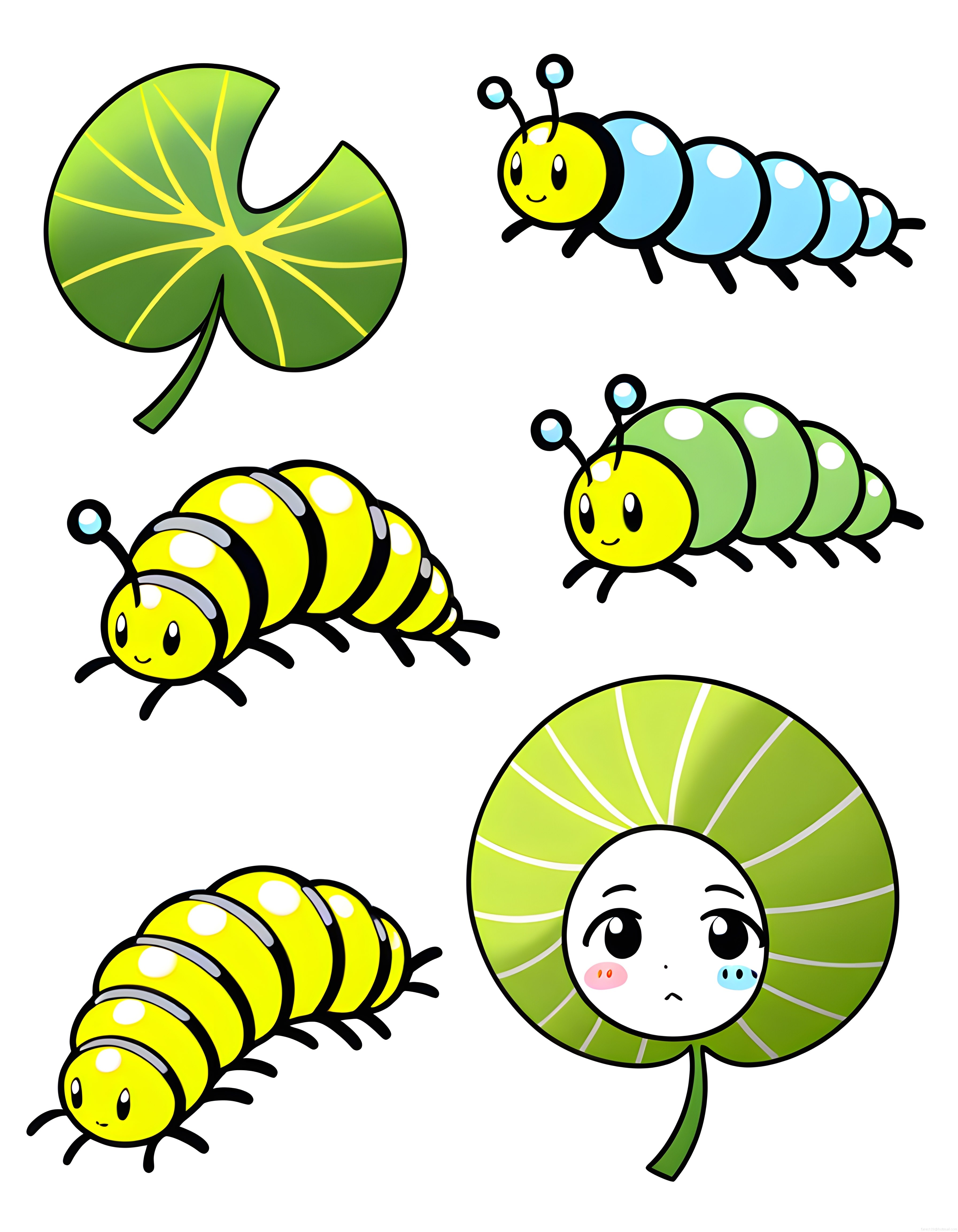 Sevimli Kawaii Tırtıllar ve Yapraklar: Renkli Vektör Çizim Sticker Seti