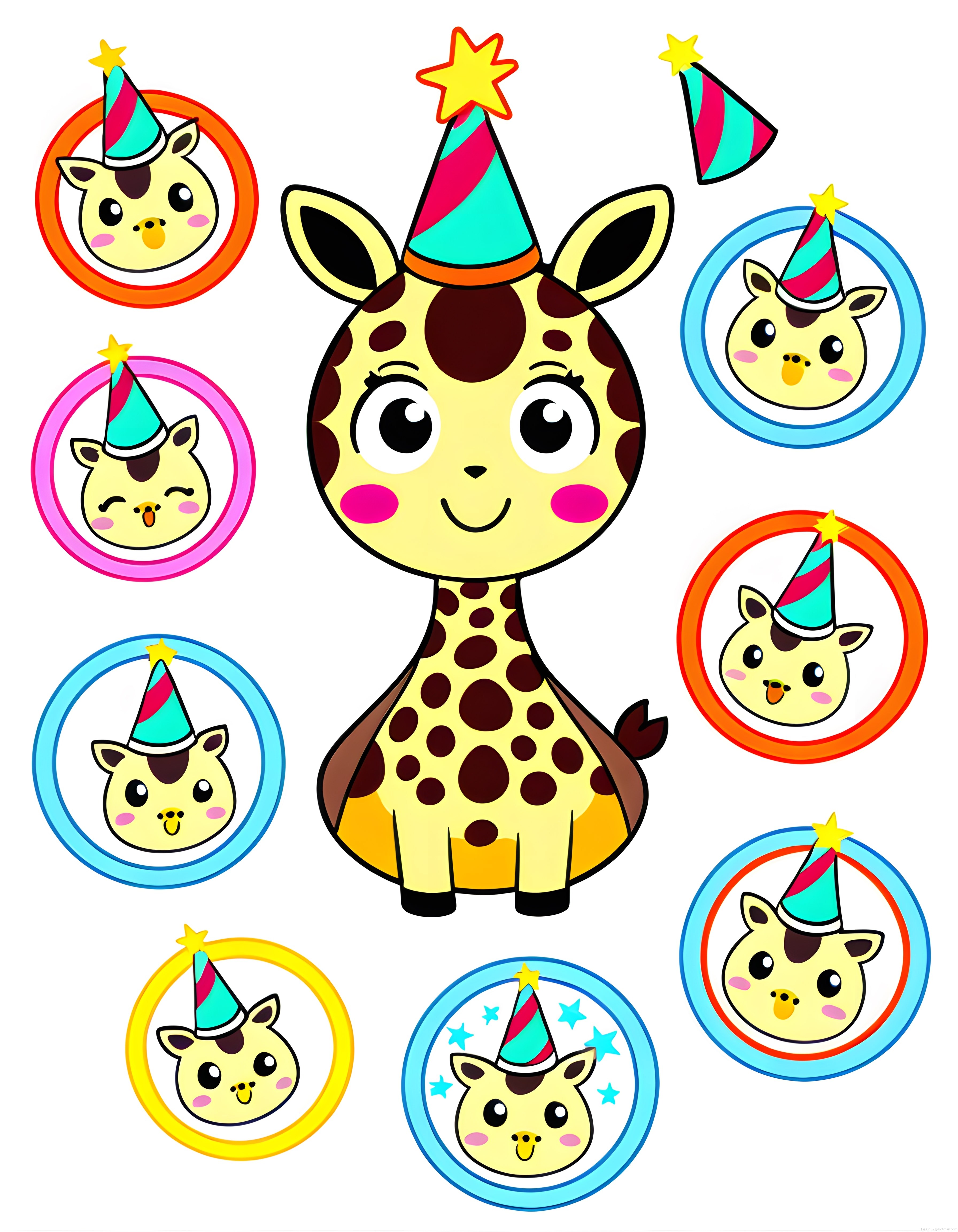 Sevimli Kawaii Zürafa Parti Şapkalı Karakter Sticker Ve Çocuk Rozet Seti