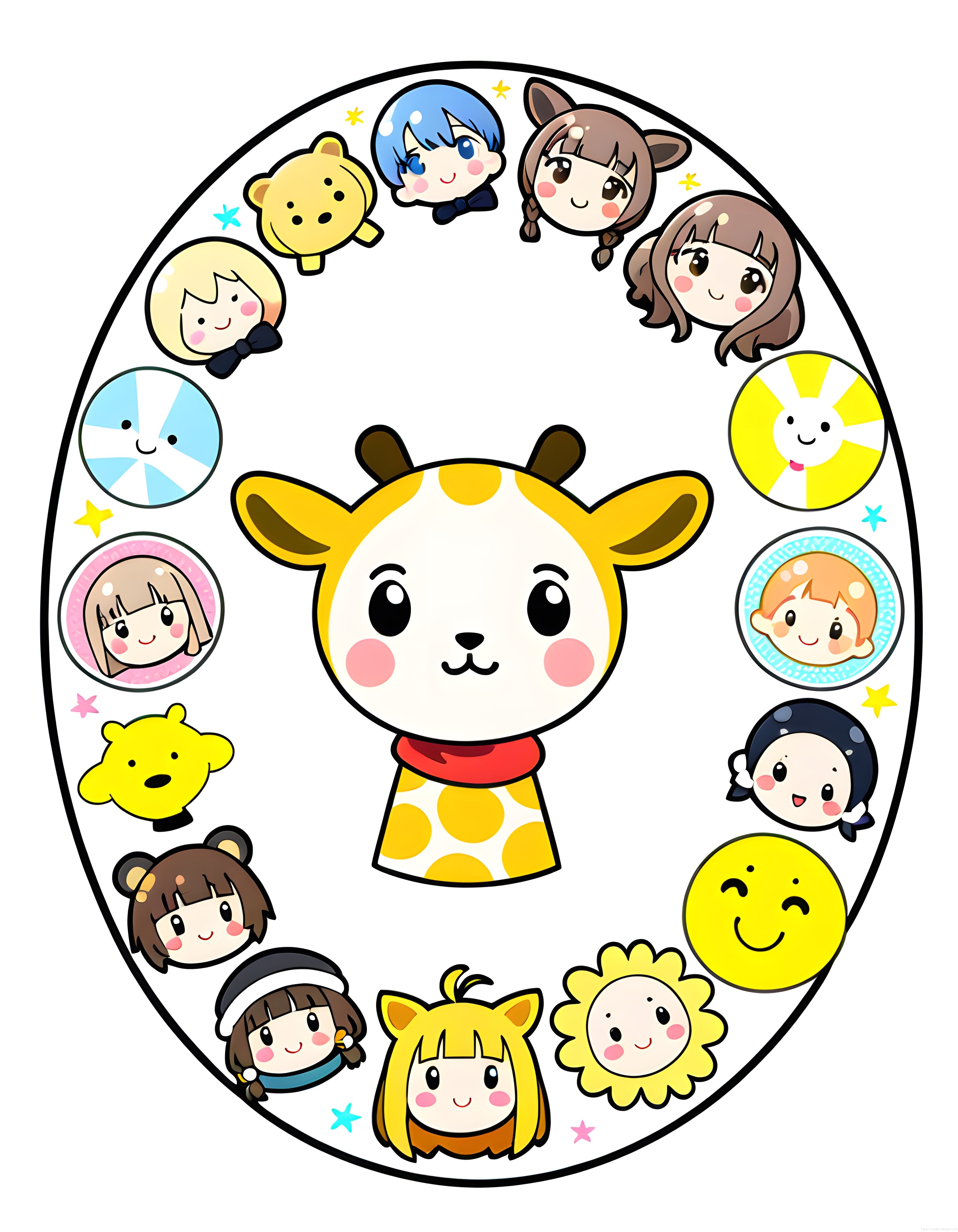 Sevimli Kawaii Zürafa ve Arkadaşlarının Olduğu Dairesel Çizgi Film Sticker Seti