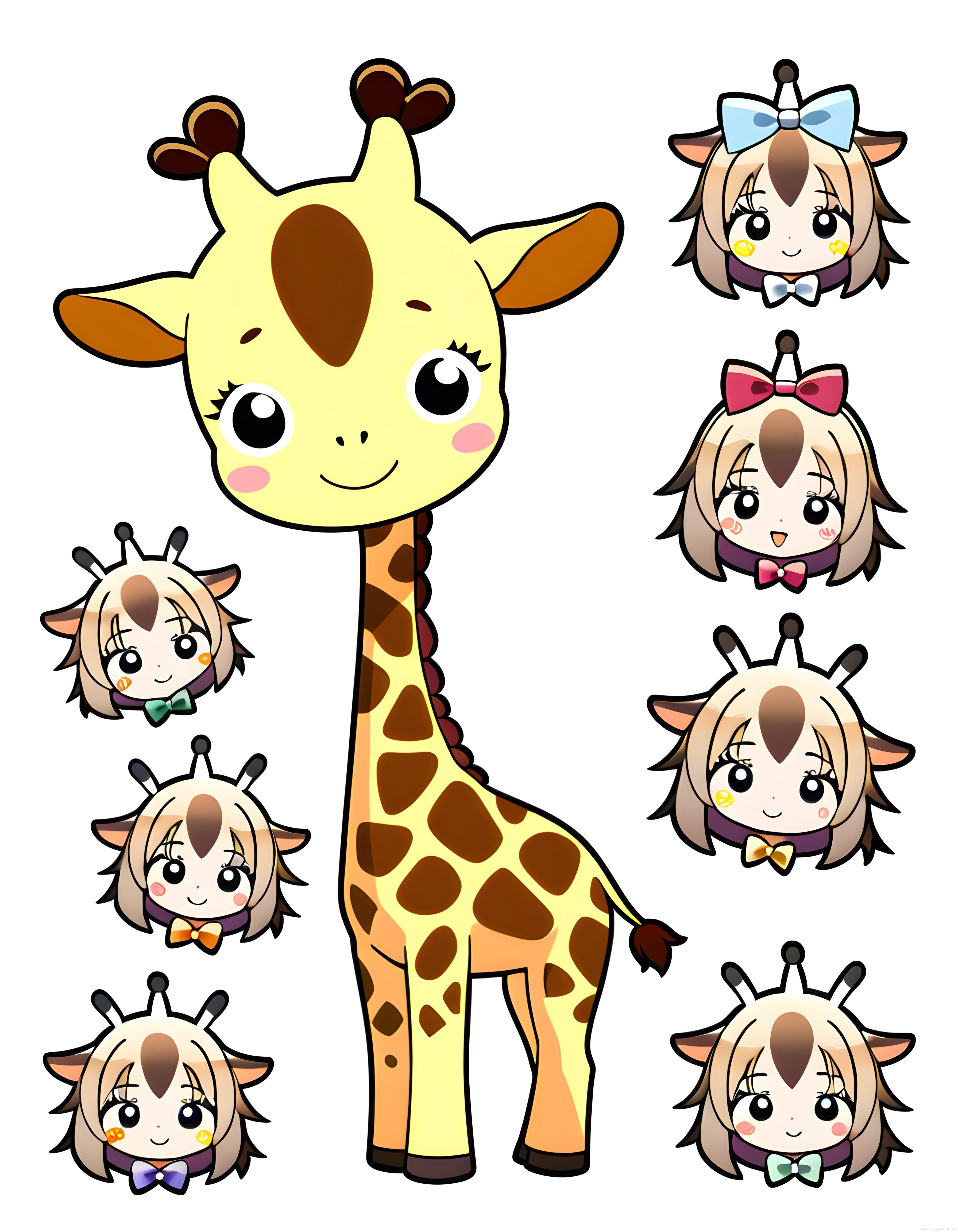 Sevimli Kawaii Zürafa ve Chibi Zürafa Kız Karakterleri Dijital İllüstrasyon Seti