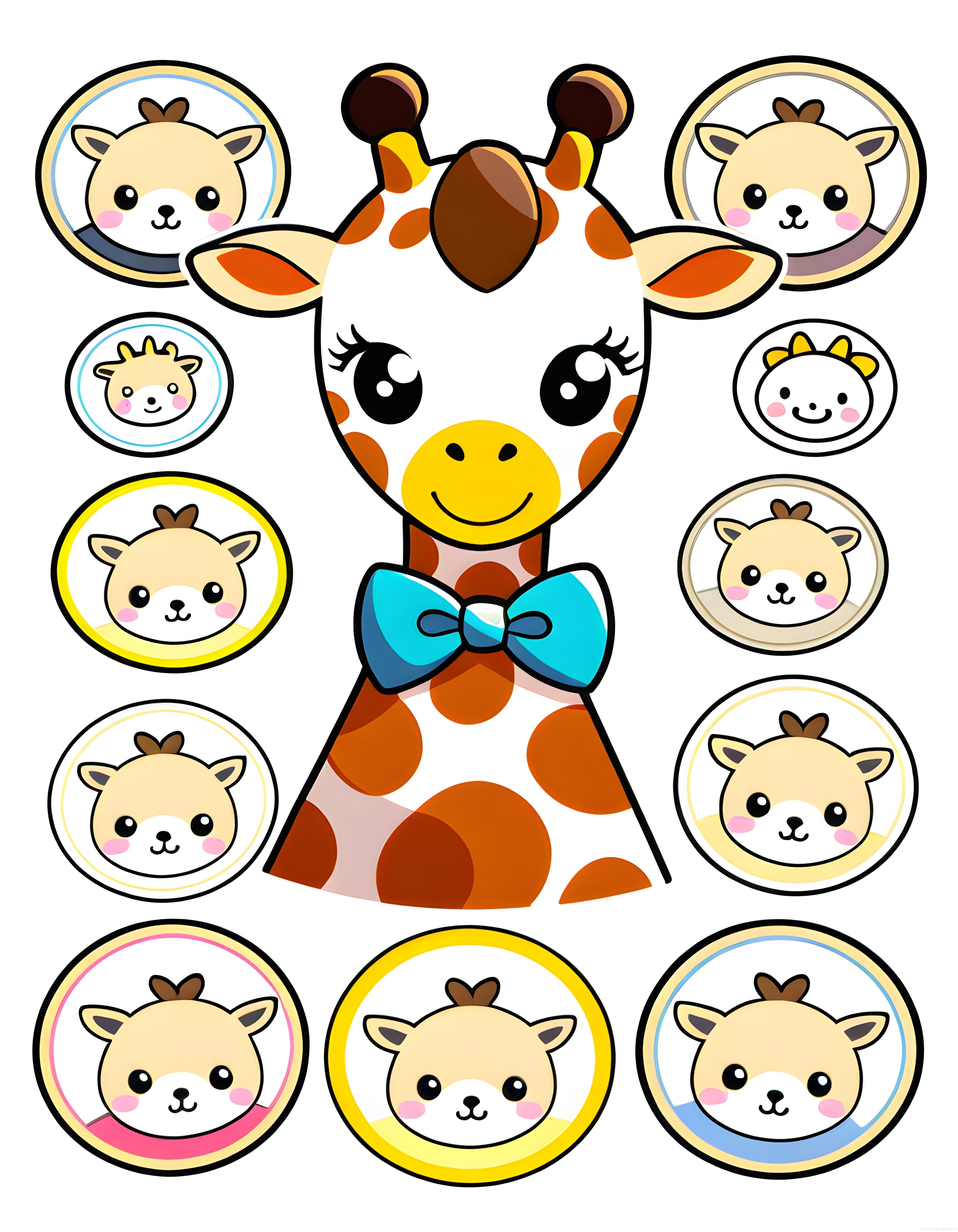 Sevimli Kawaii Zürafa ve Geyik Arkadaşları Renkli Çizgi Film Sticker Seti