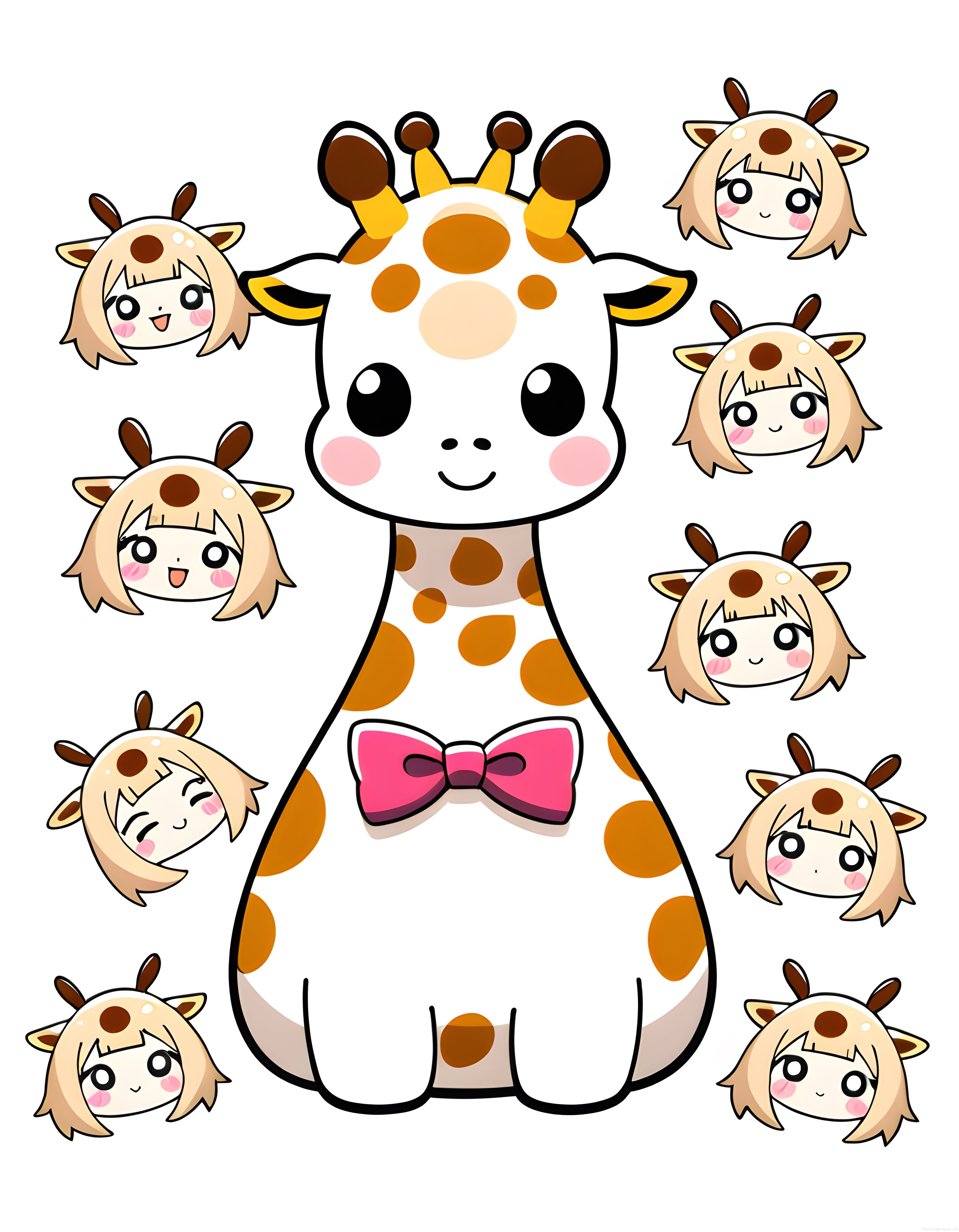 Sevimli kawaii zürafa ve zürafa temalı anime kız yüz ifadeleri illüstrasyonu