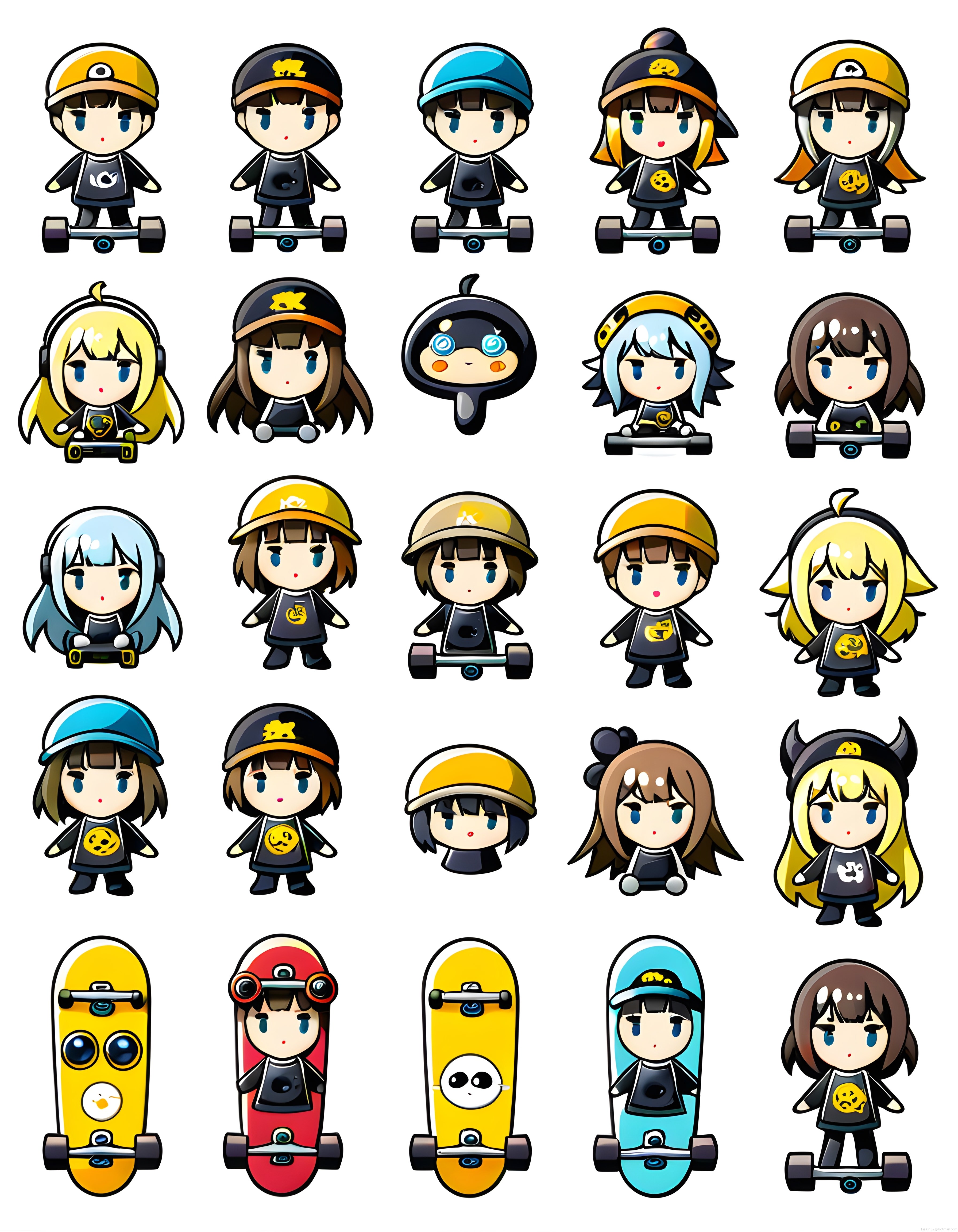 Sevimli kaykaycı chibi karakterler ve renkli anime tarzı illüstrasyon seti