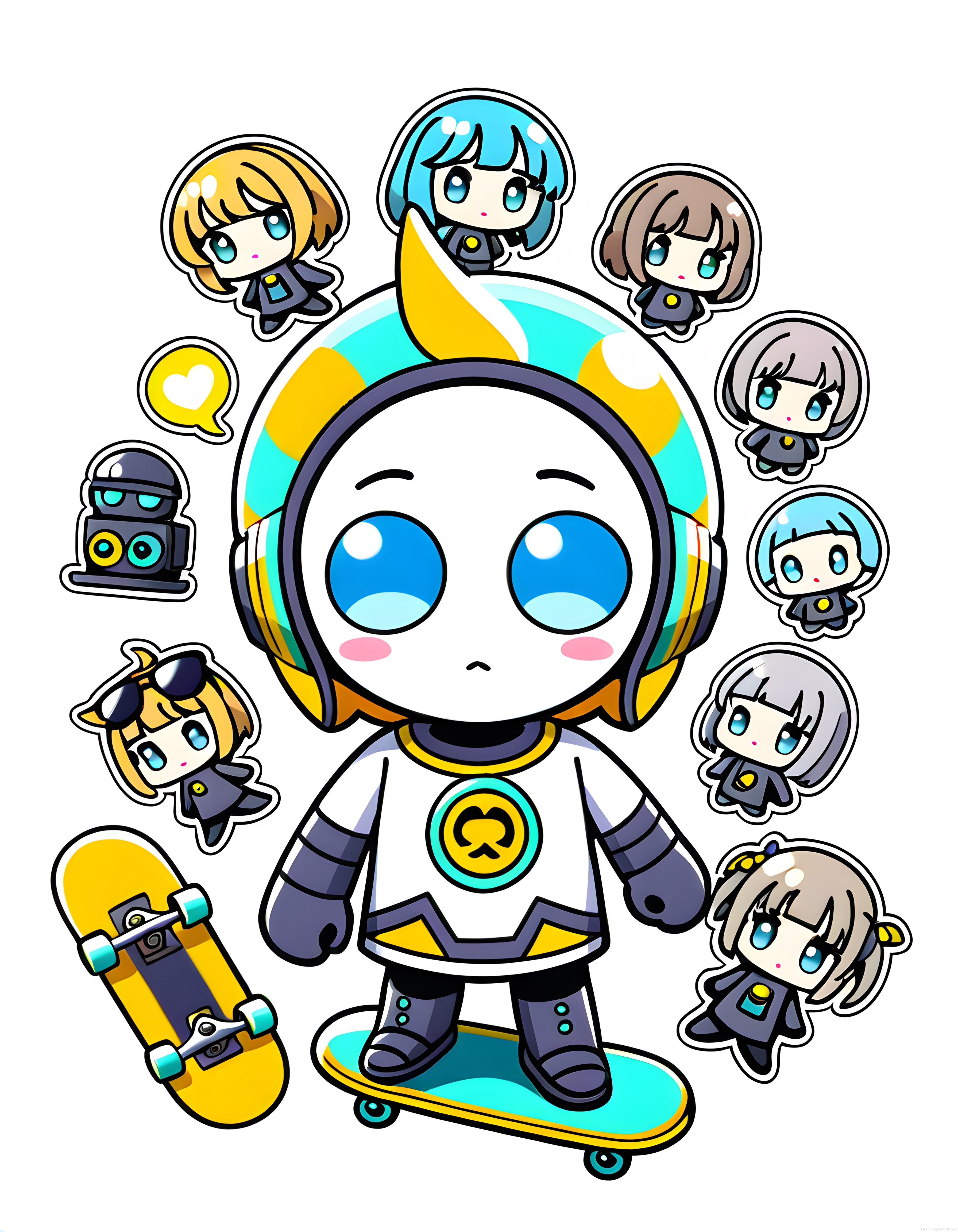 Sevimli Kaykaylı Chibi Astronot ve Mini Uzay Arkadaşları İllüstrasyon