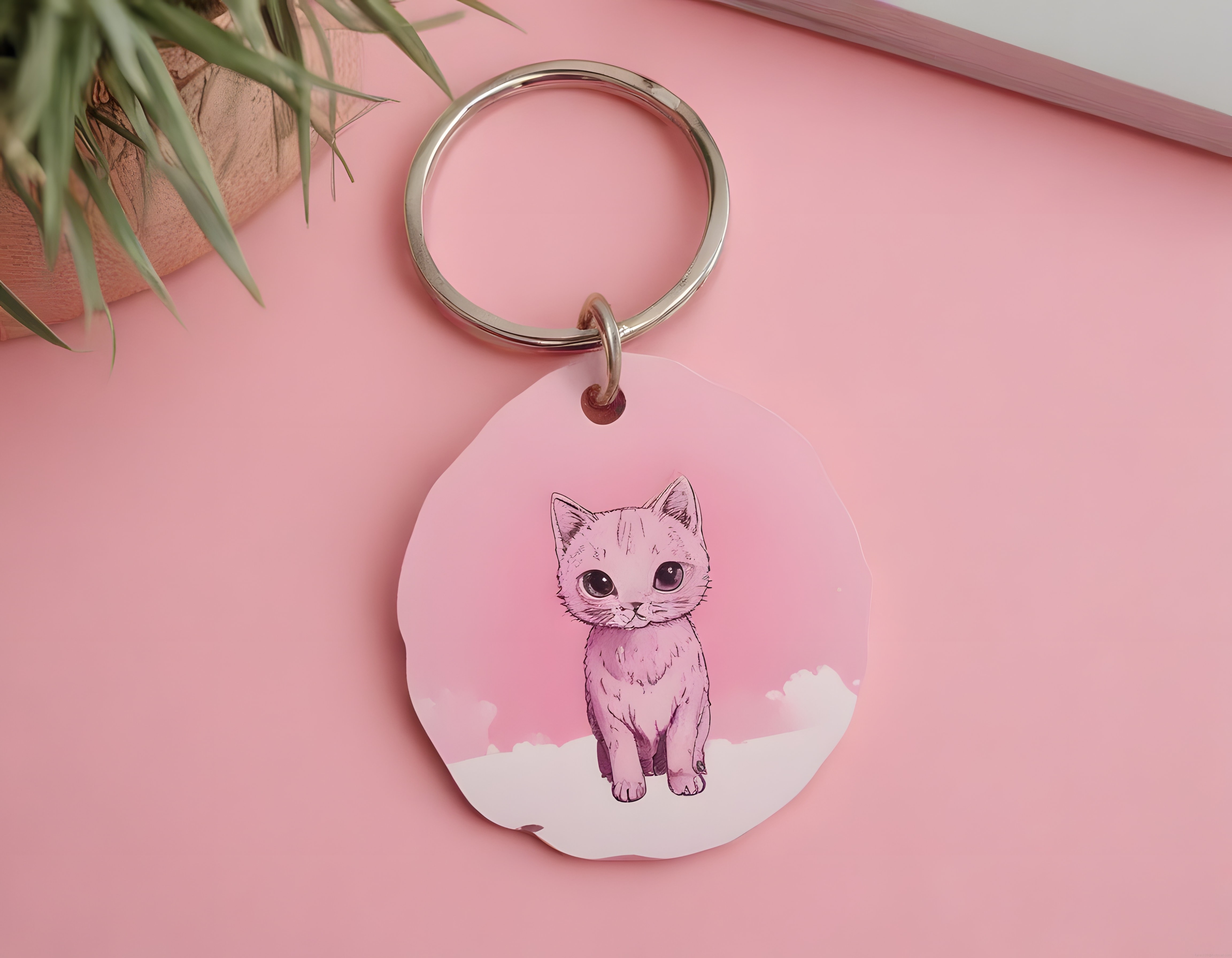 Sevimli kedi desenli pembe ahşap anahtarlık ve minimal bitki dekorasyonu