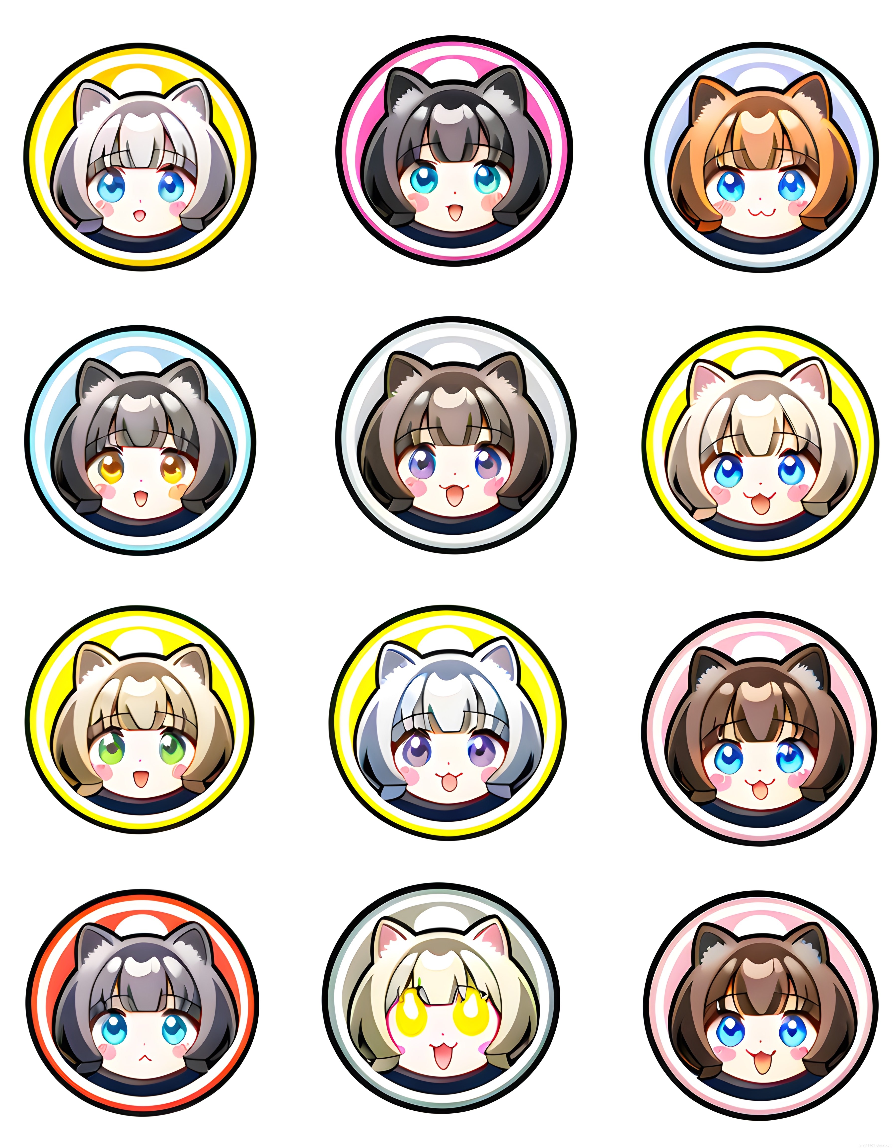 sevimli kedi kız chibi karakter yuvarlak rozeti anime dijital çizim seti