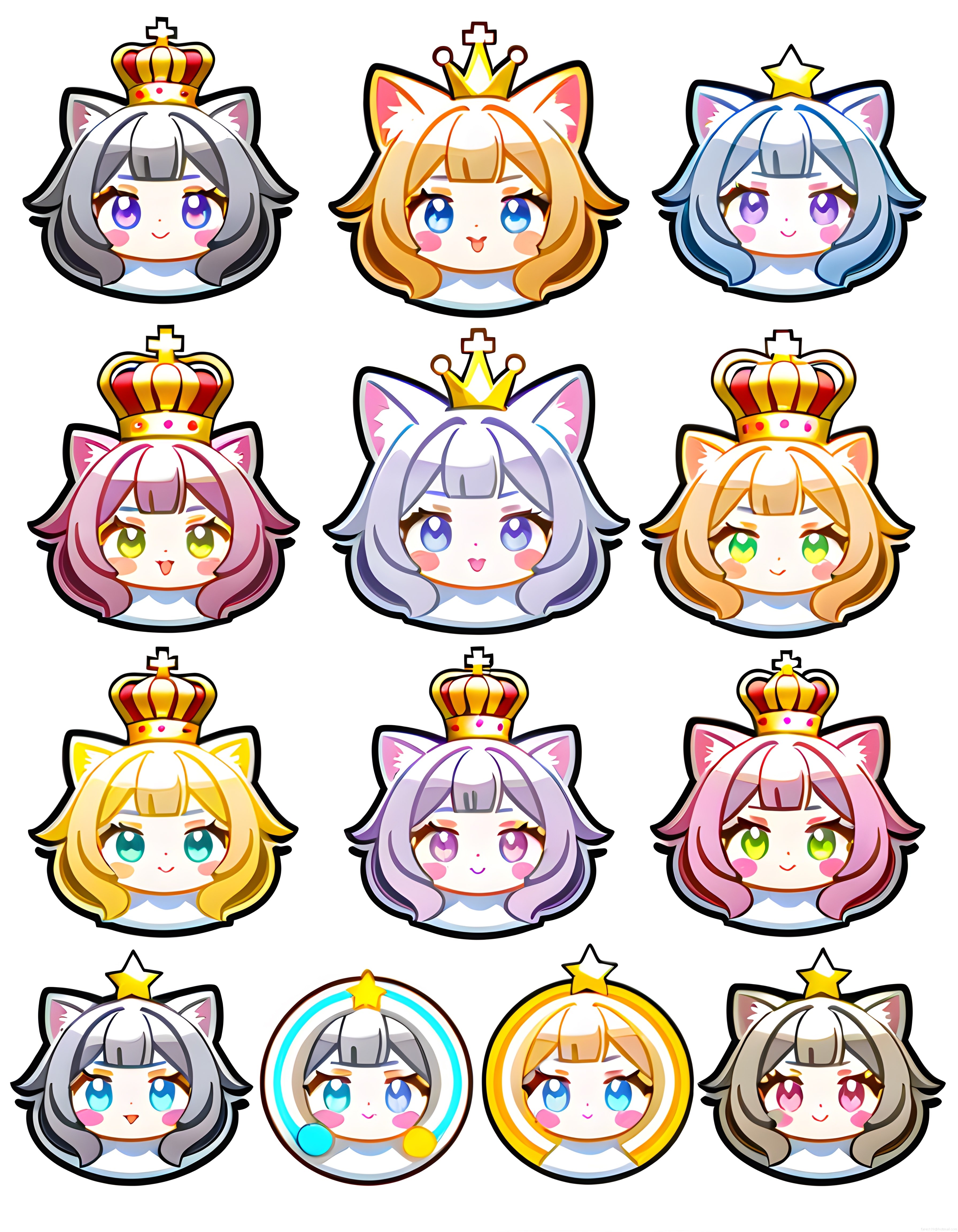 Sevimli kedi kulaklı chibi prenses karakterleri ve taçlı anime emoji seti
