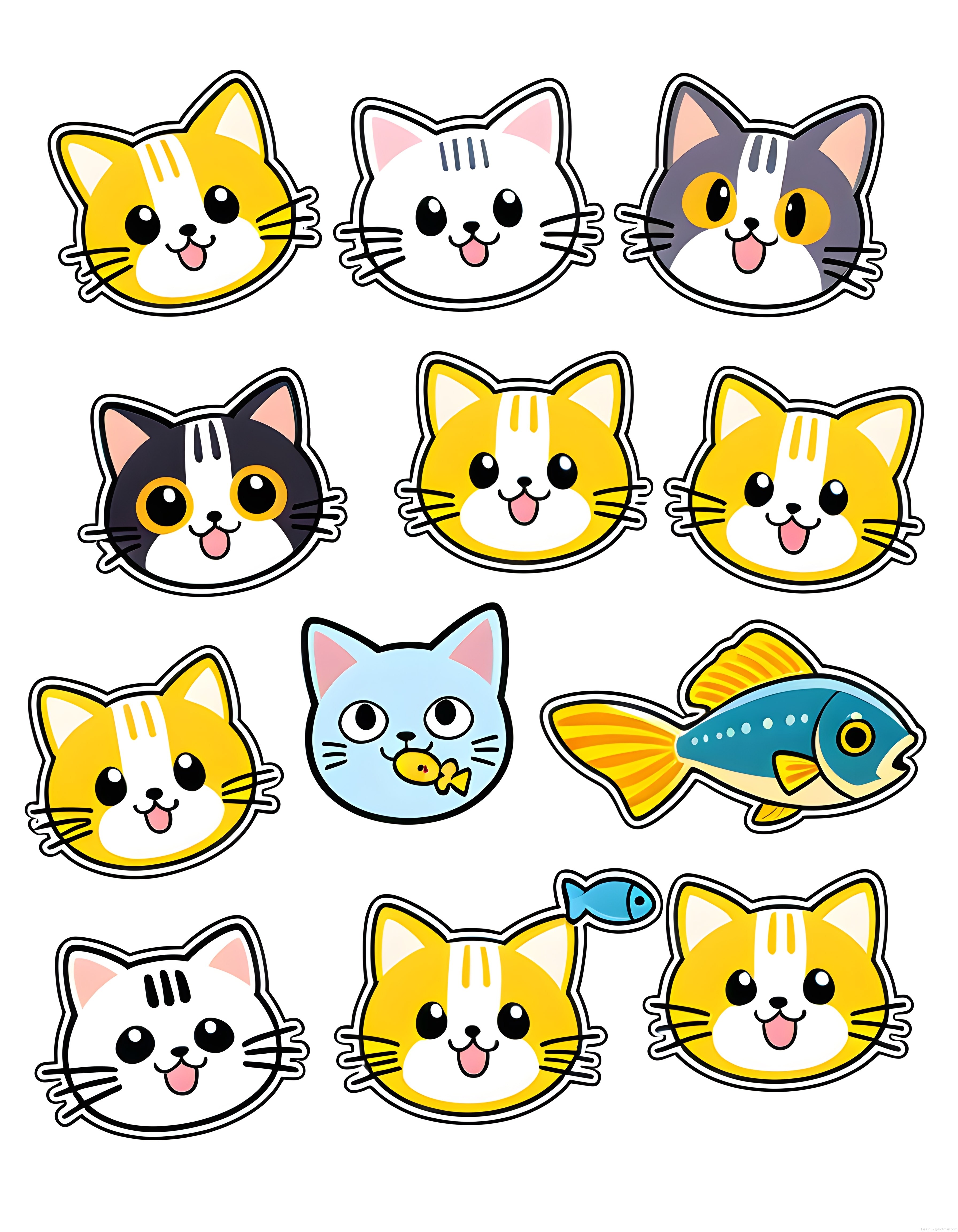 Sevimli Kedi ve Balık Sticker Seti: Renkli Kawaii Karikatür Çıkartma Koleksiyonu