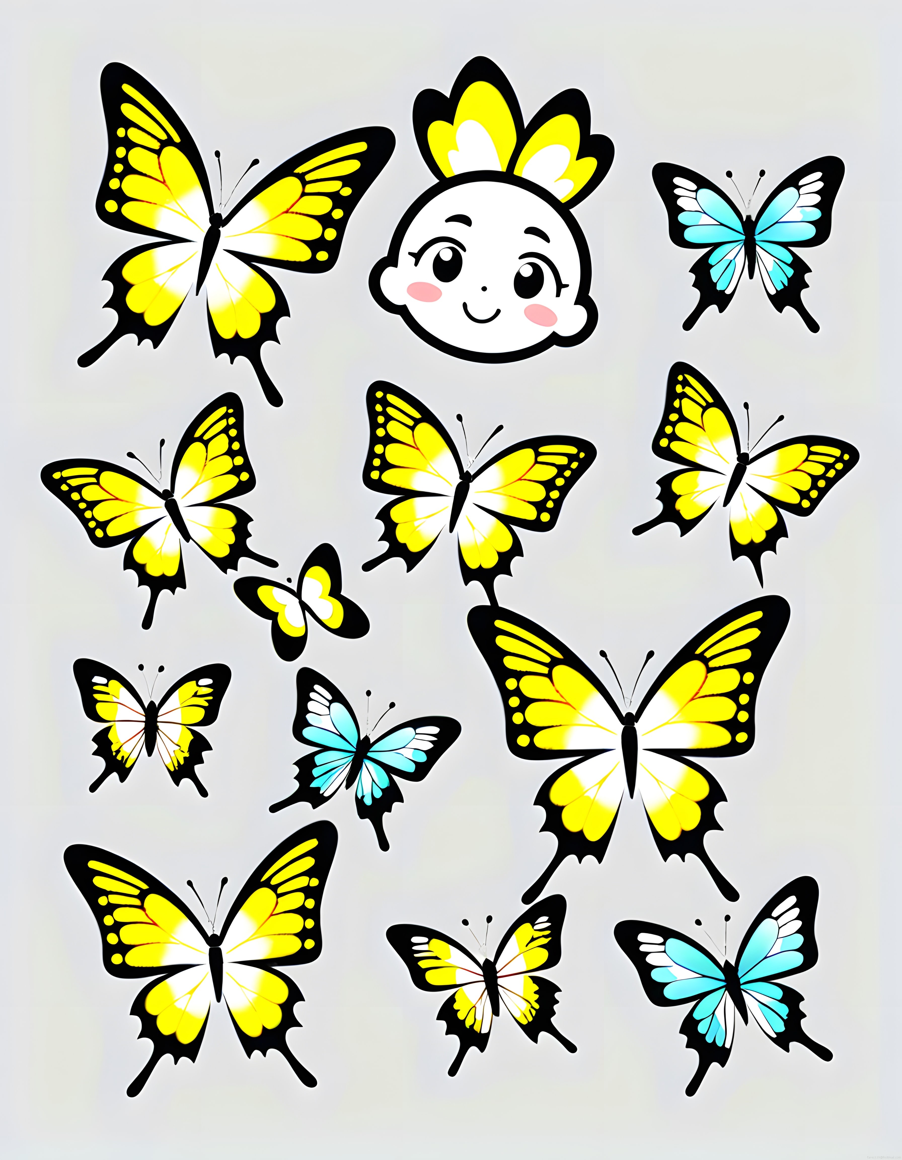 Sevimli kelebekler ve gülümseyen yüz içeren renkli çizgi film illüstrasyon seti