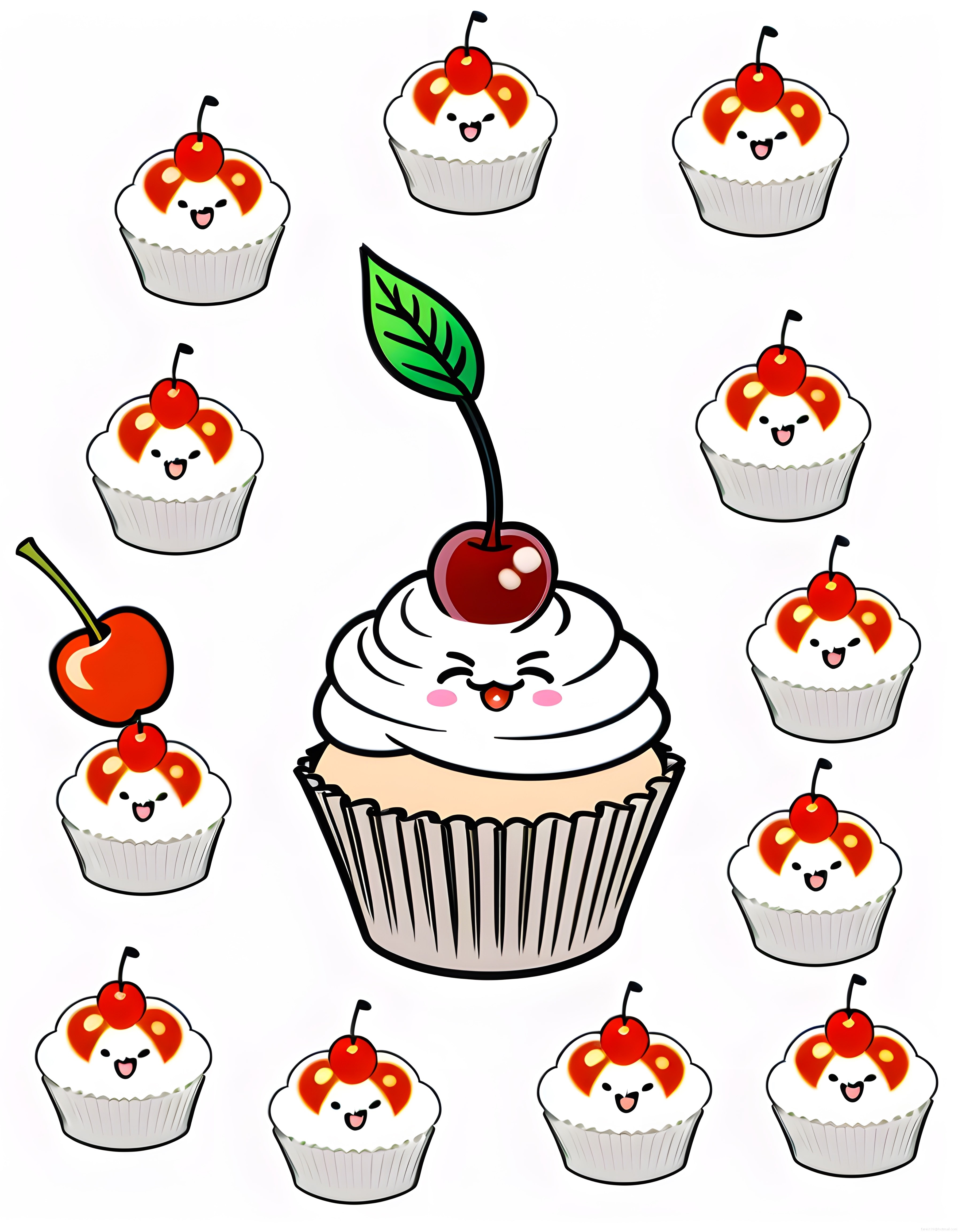 Sevimli Kirazlı Cupcakeler ve Mutlu Yüzler Kawaii Dijital Sanat Çizimi