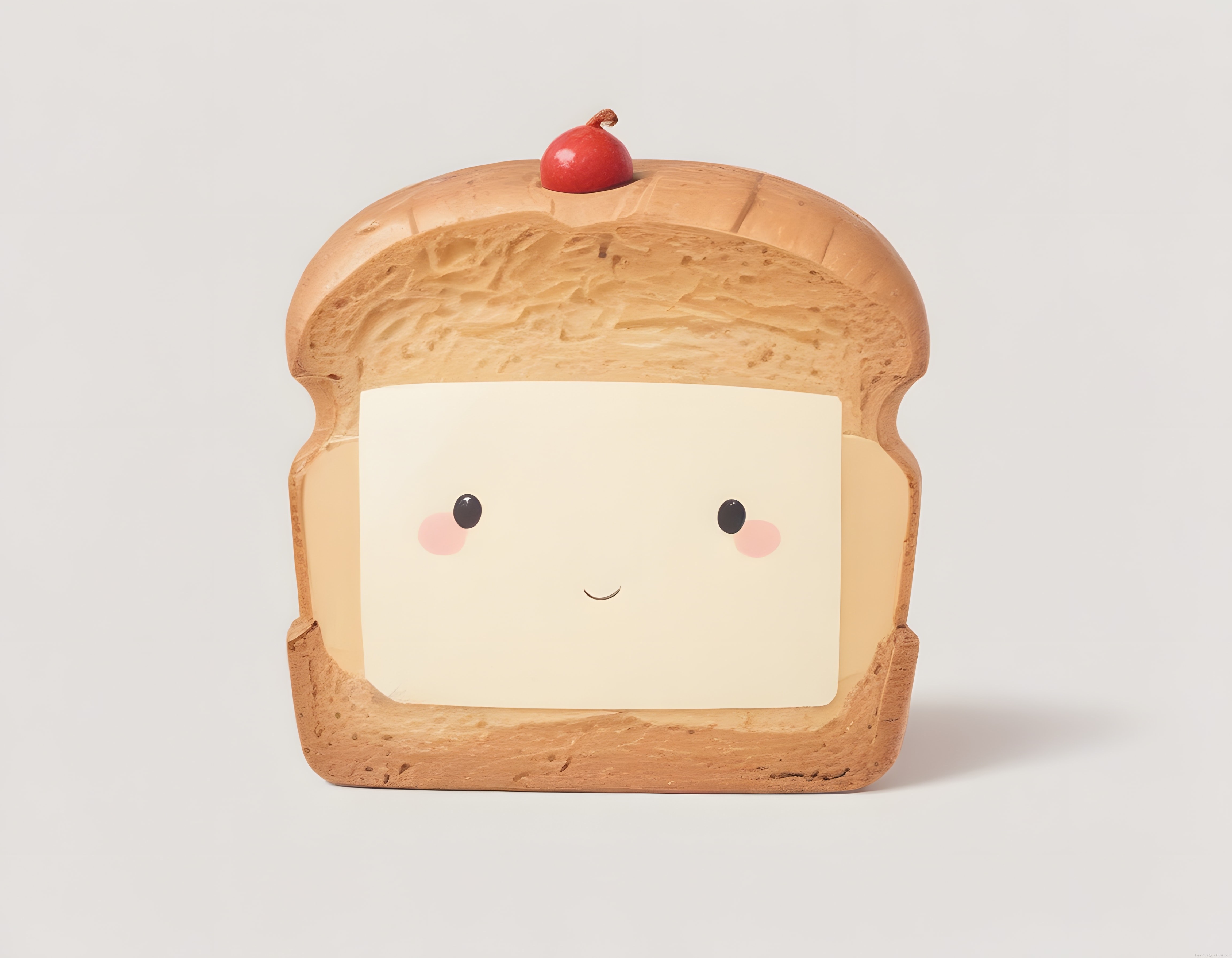Sevimli kirazlı ekmek dilimi karakteri ve masum anime tarzı kawaii yüz ifadesi