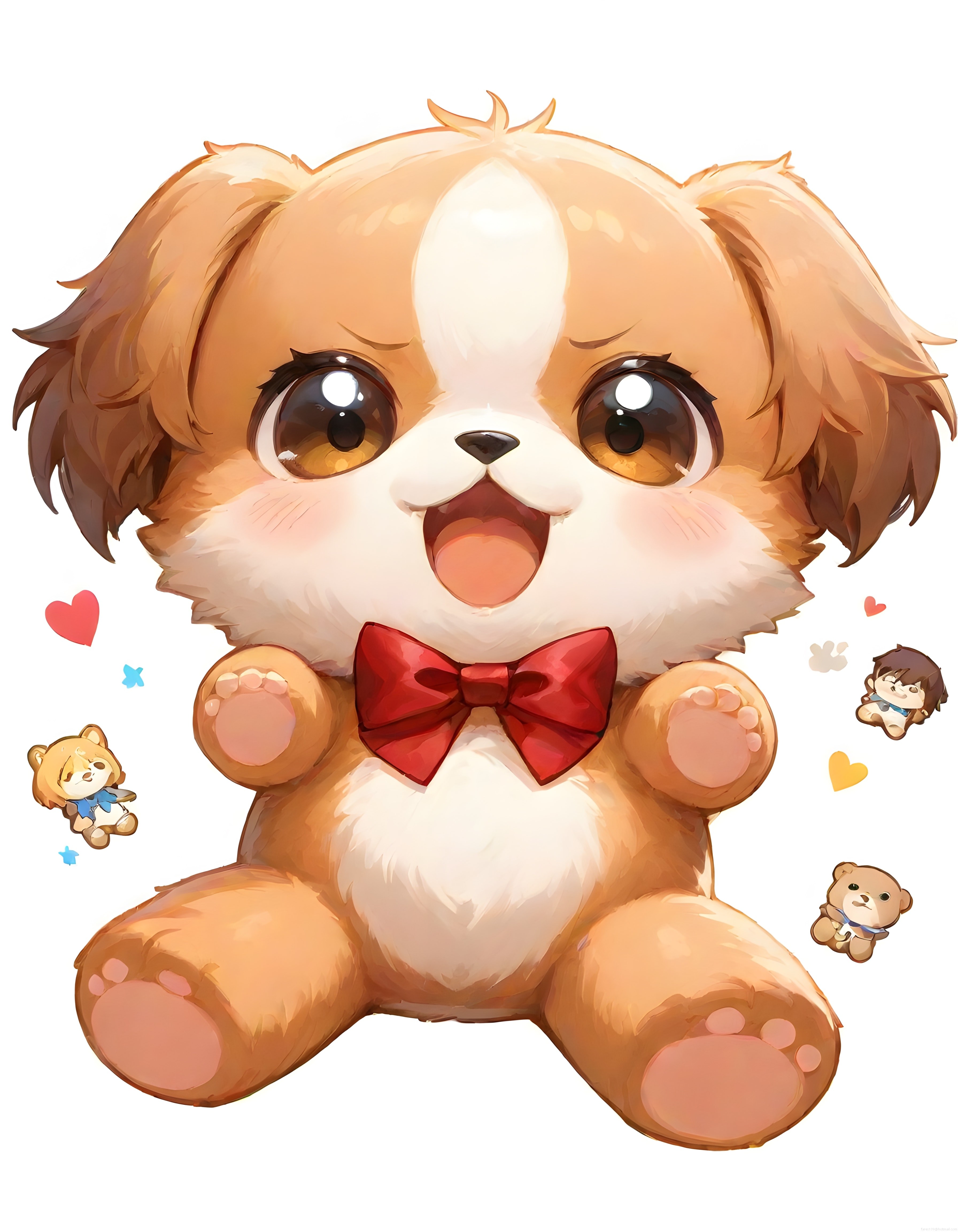 Sevimli kırmızı papyonlu köpek yavrusu ve etrafındaki minik chibi karakterler