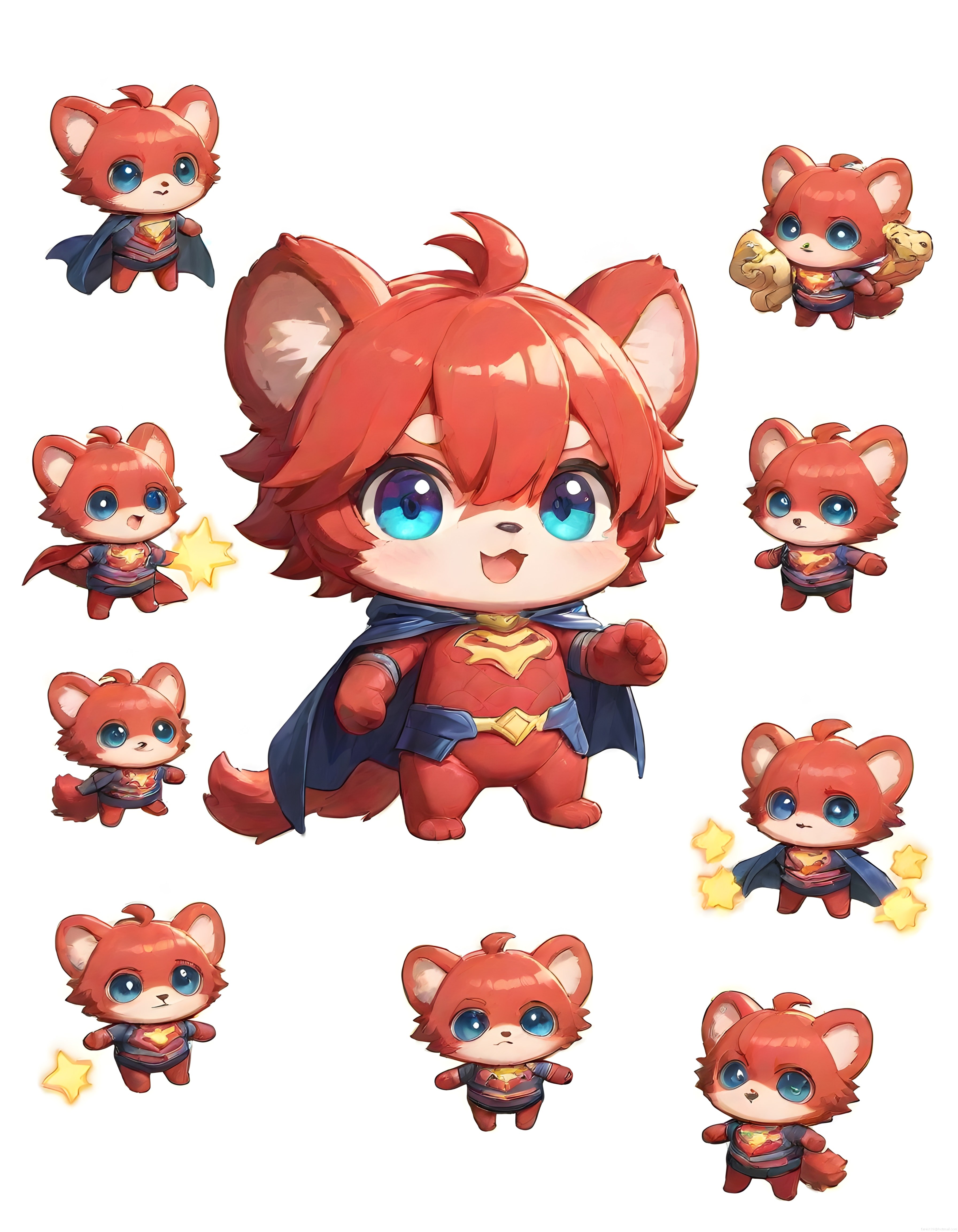 Sevimli Kırmızı Tilki Süper Kahraman Chibi Karakter Tasarımı ve Poz Koleksiyonu