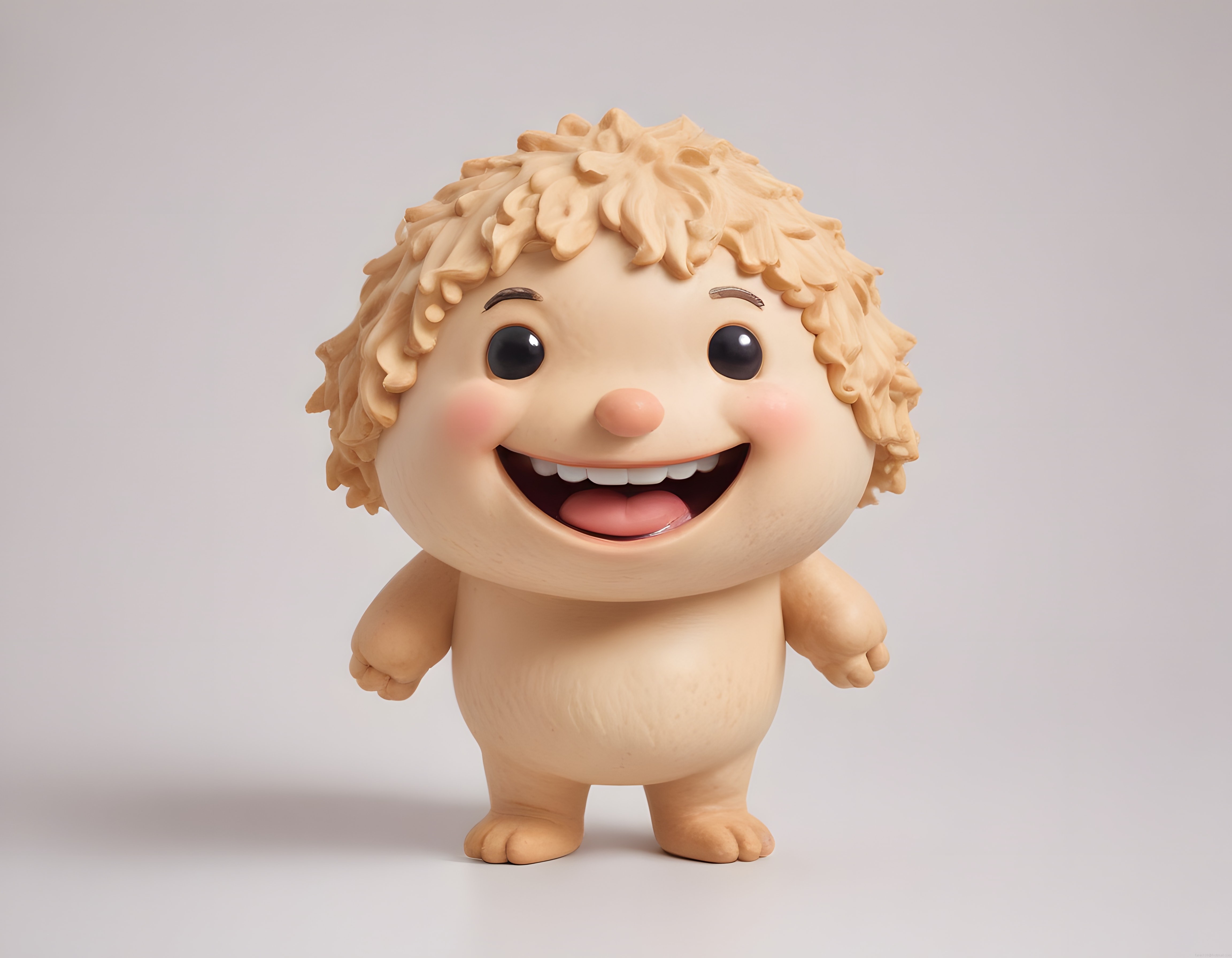 Sevimli kıvırcık saçlı 3D karakter, yuvarlak yüzlü mutlu minik figür