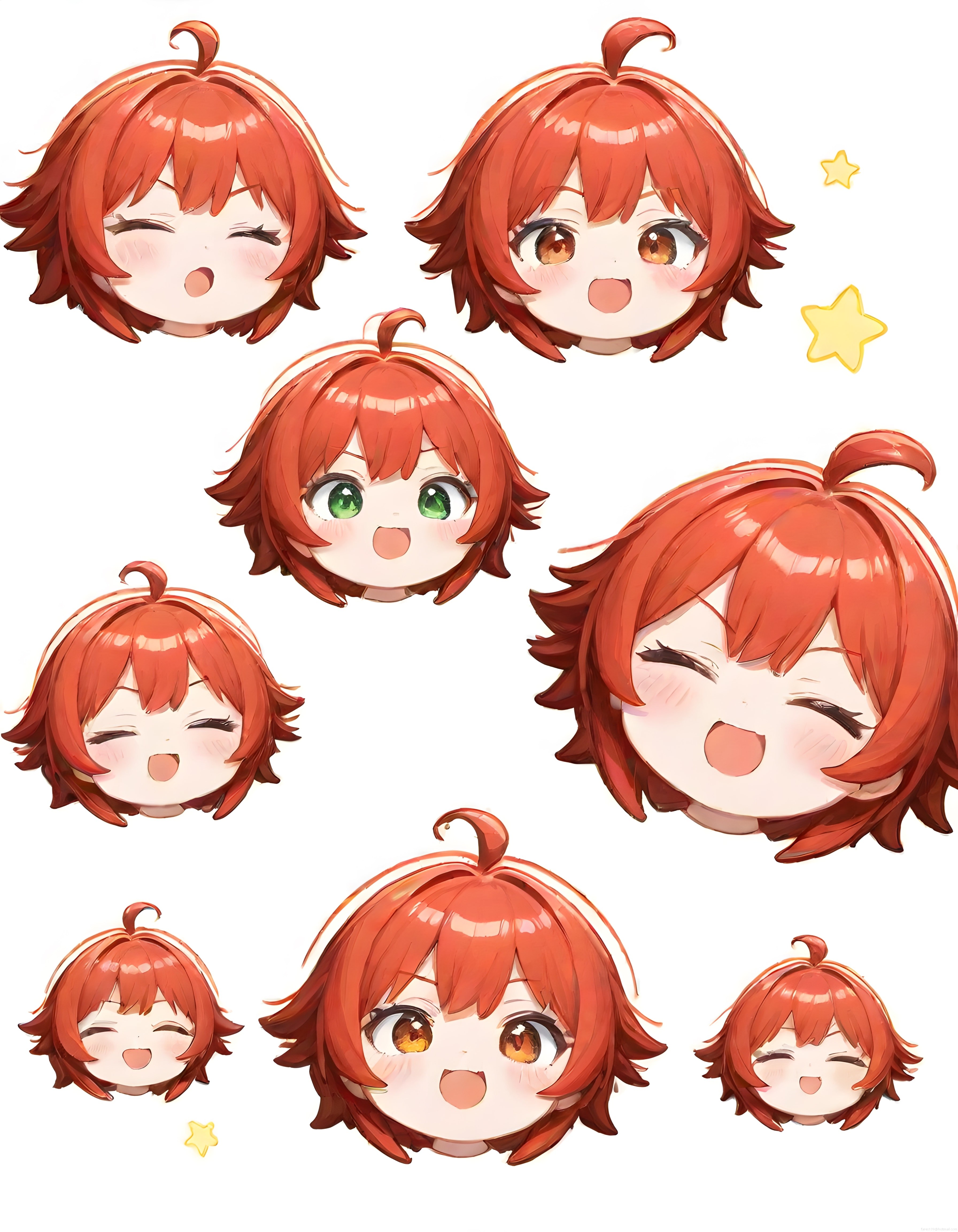 Sevimli Kızıl Saçlı Anime Chibi Karakter Yüz İfadeleri ve Avatar Sticker Seti