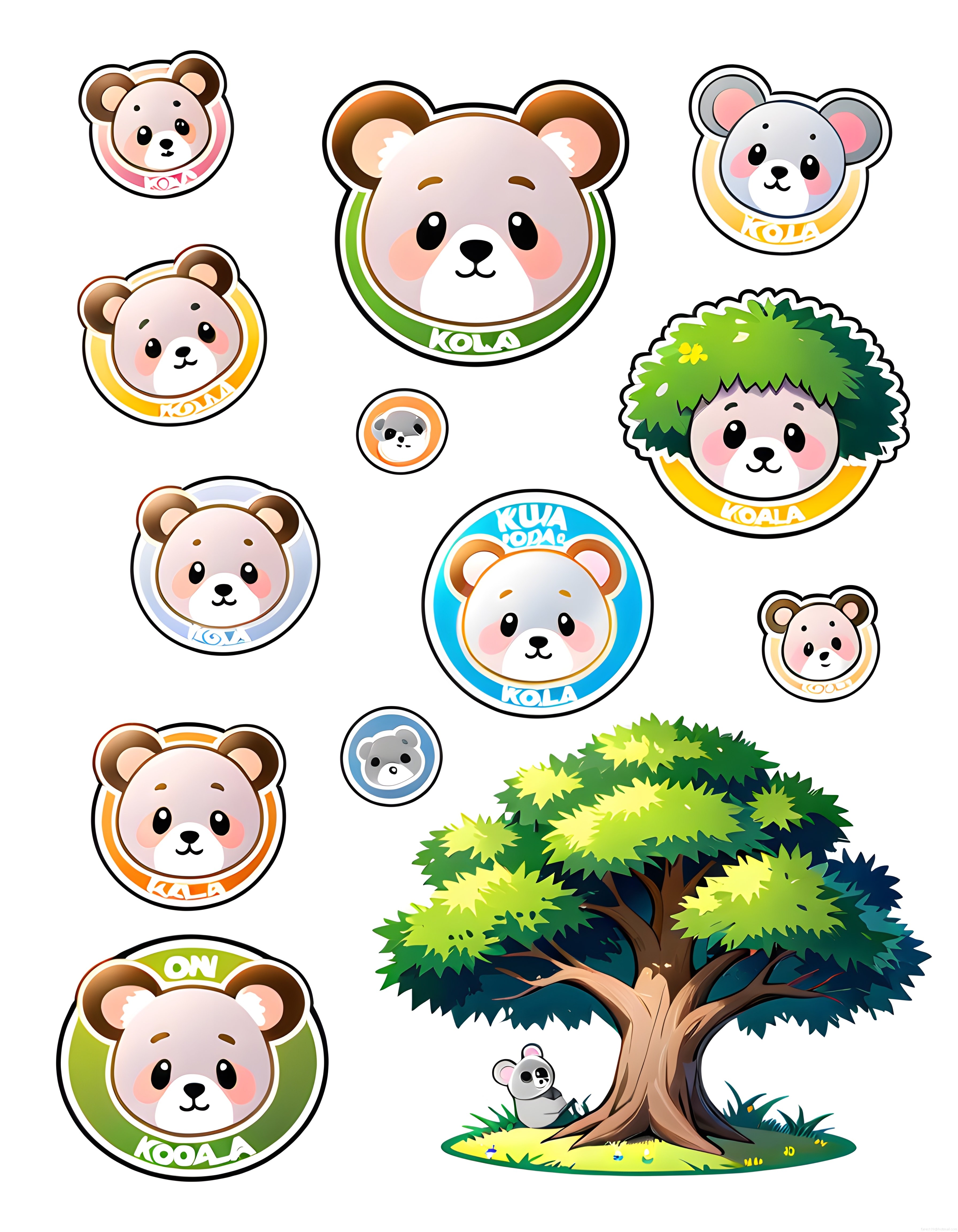 Sevimli koala karakter çıkartmaları ve ağaç altındaki yavru koala çizimi