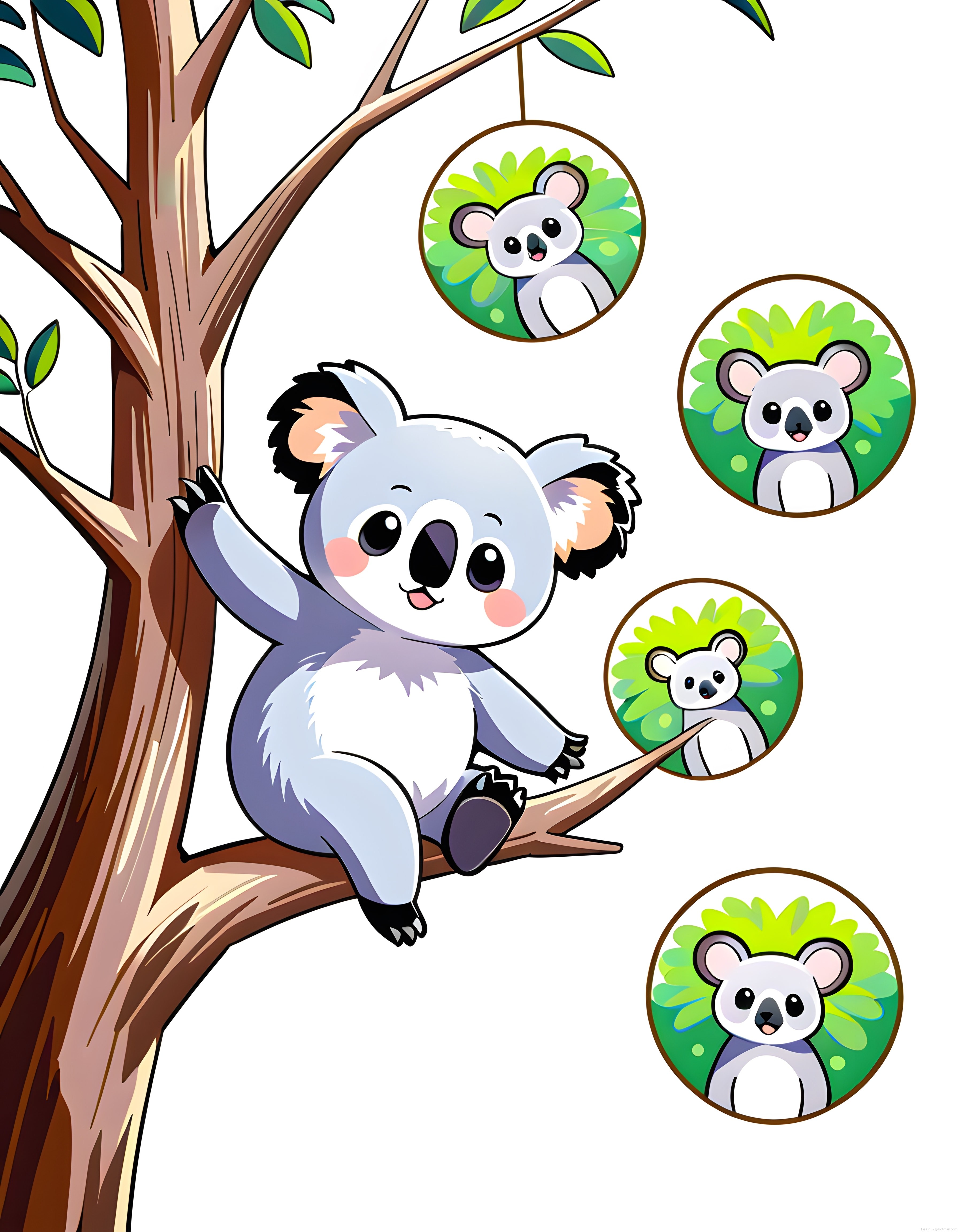 Sevimli koala karakteri ağaç dalında ve yuvarlak çerçevelerde farklı pozlarla vektör set