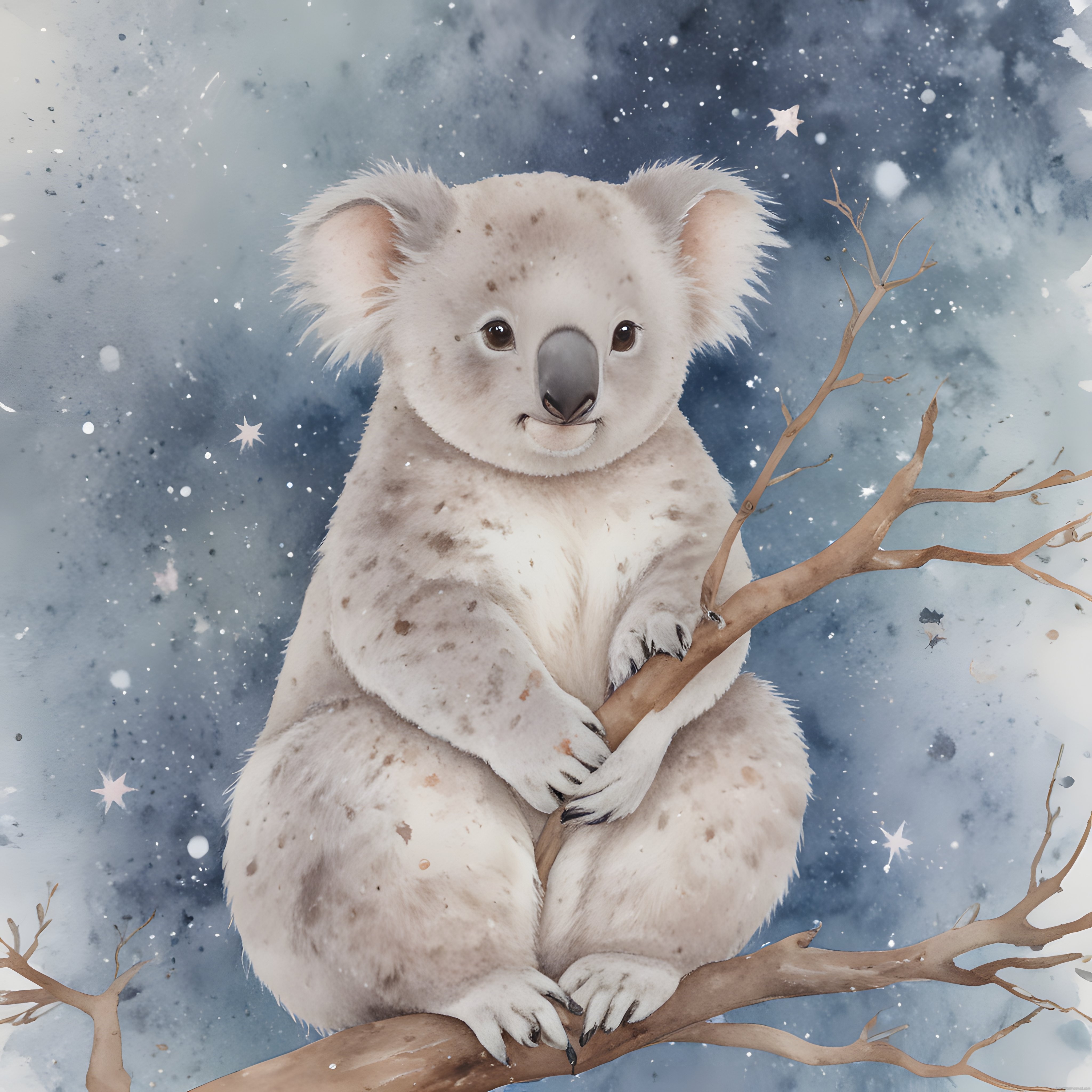 Sevimli Koala Masalsı Yıldızlı Gecede Ağaç Dalında Suluboya Çizim