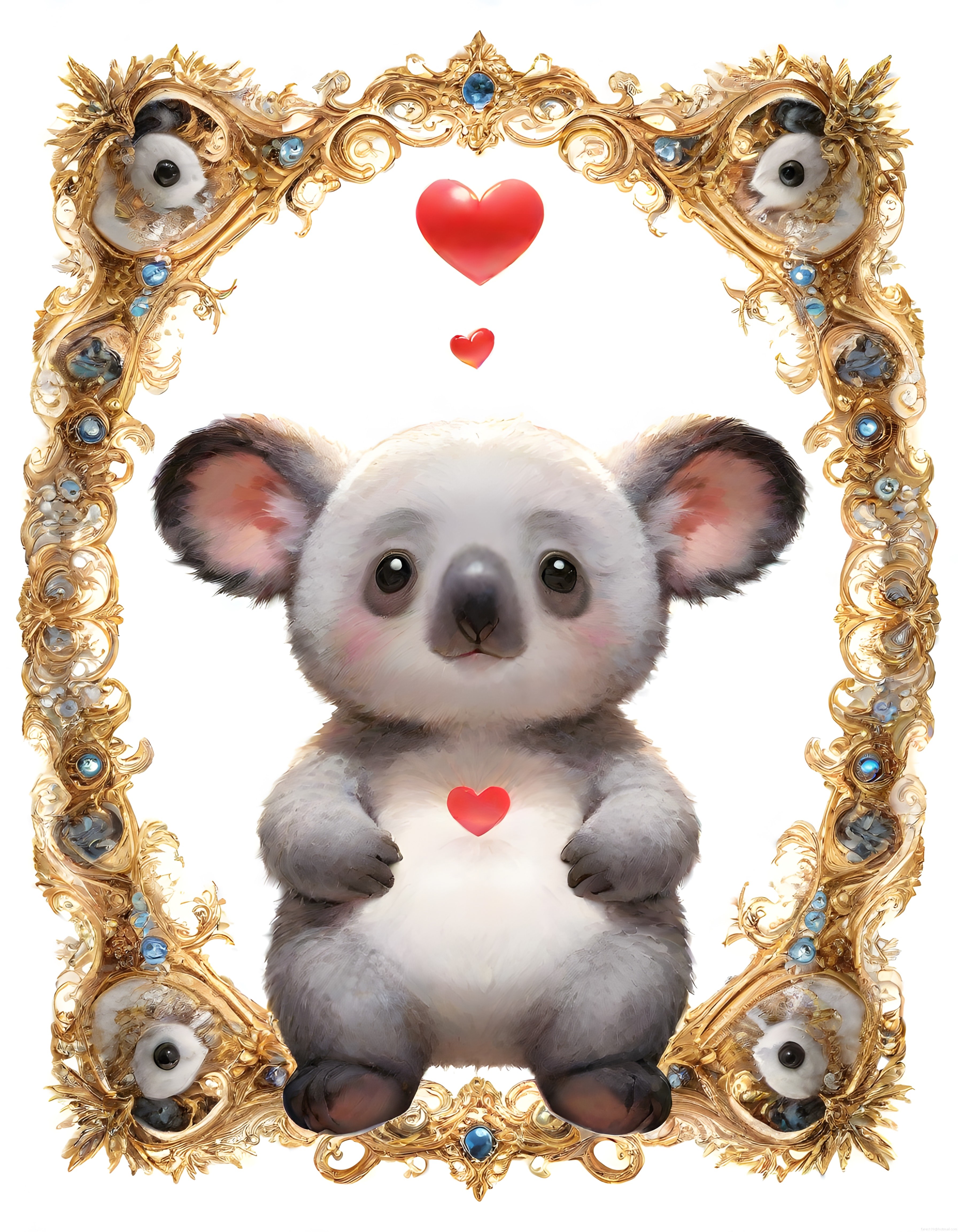 Sevimli Koala ve Altın Çerçeve: Romantik Kalpli Dijital İllüstrasyon
