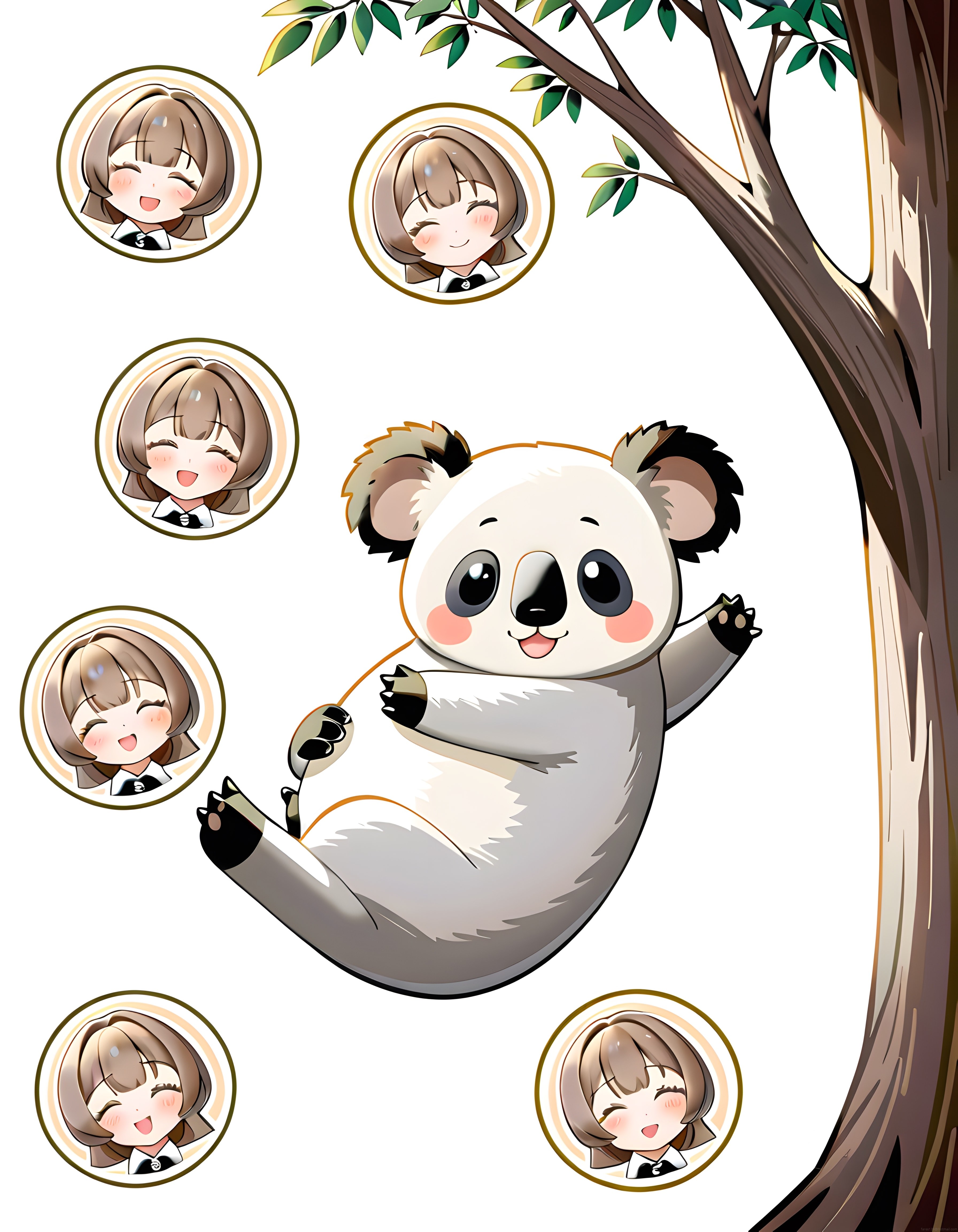 Sevimli koala ve anime chibi kızların yaratıcı dijital illüstrasyon sanatı