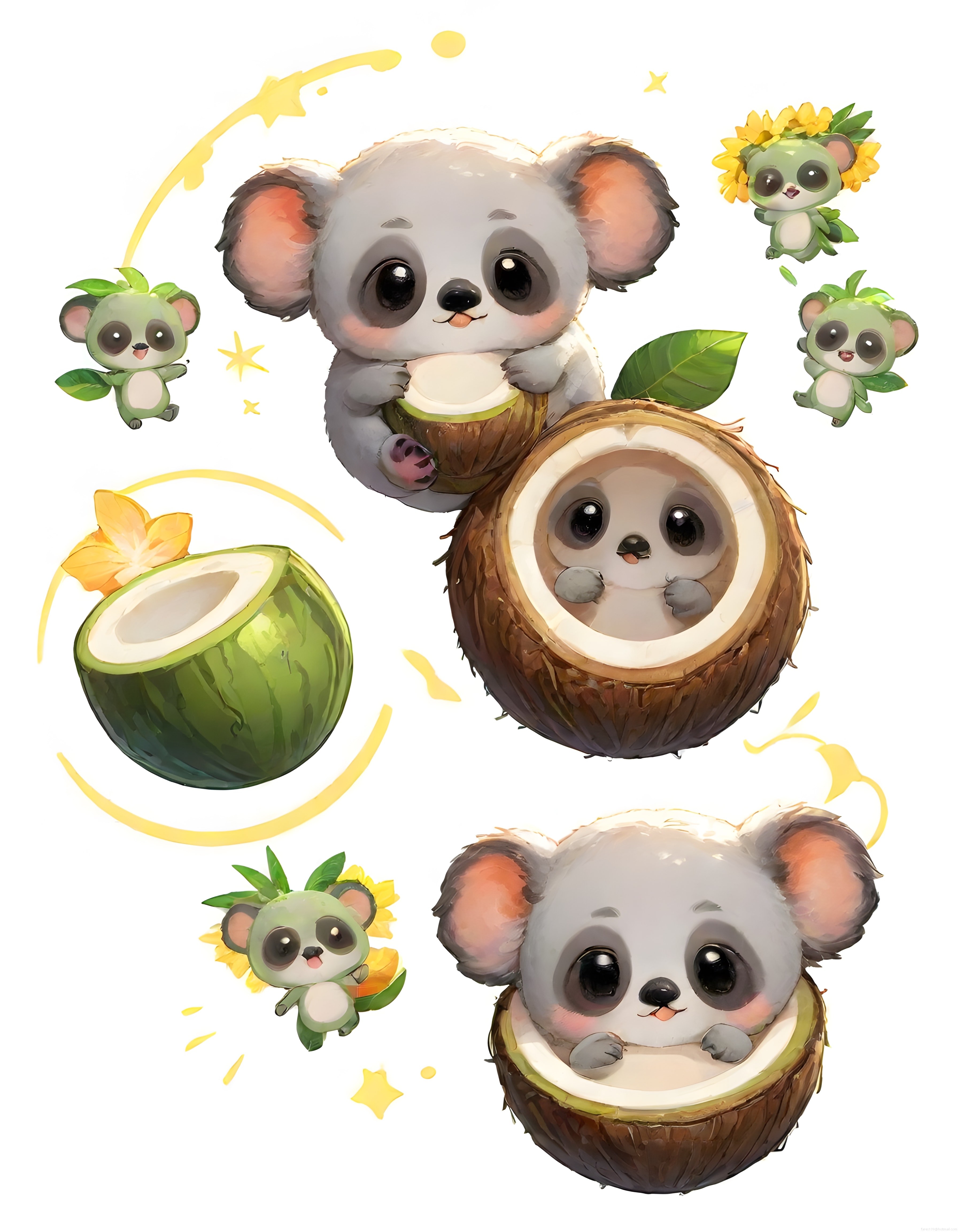 Sevimli Koala ve Hindistan Cevizi Temalı Dijital Sanat Çizimleri
