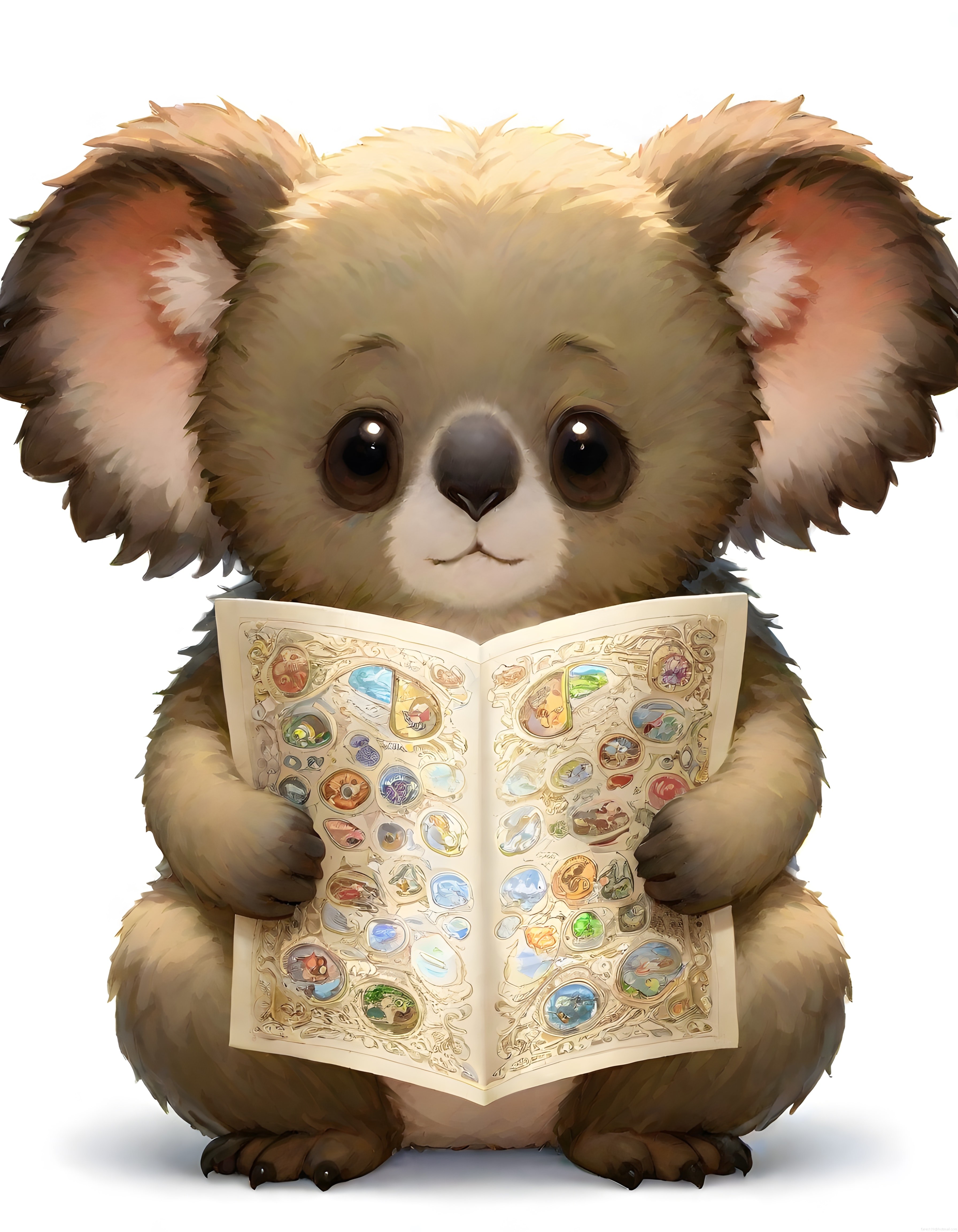 Sevimli Koala Yavrusu Süslemeli Kitap Tutarken Yumuşak Dijital Çizim