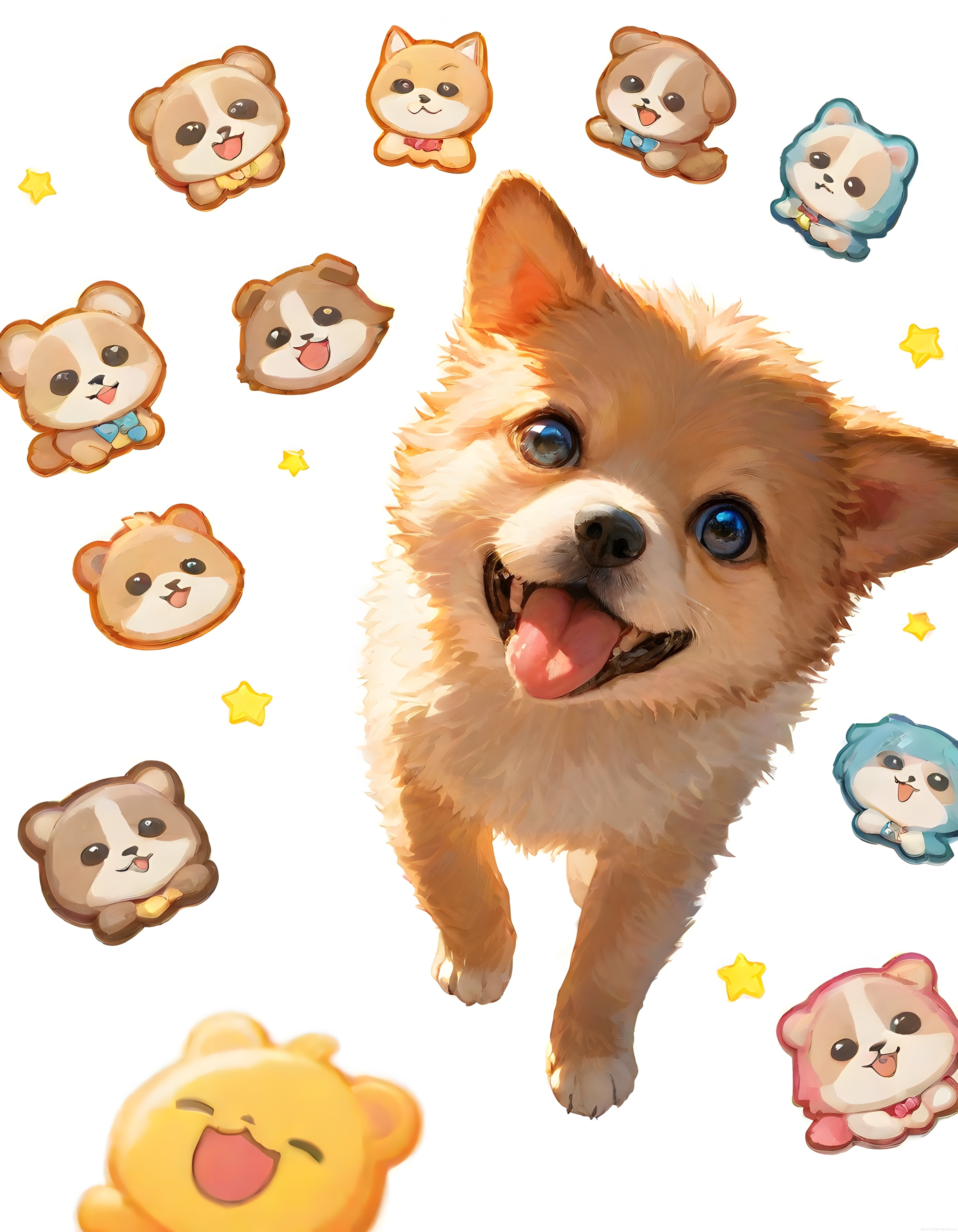 Sevimli Köpek ve Kawaii Hayvan Çıkartmaları ile Renkli Dijital İllüstrasyon