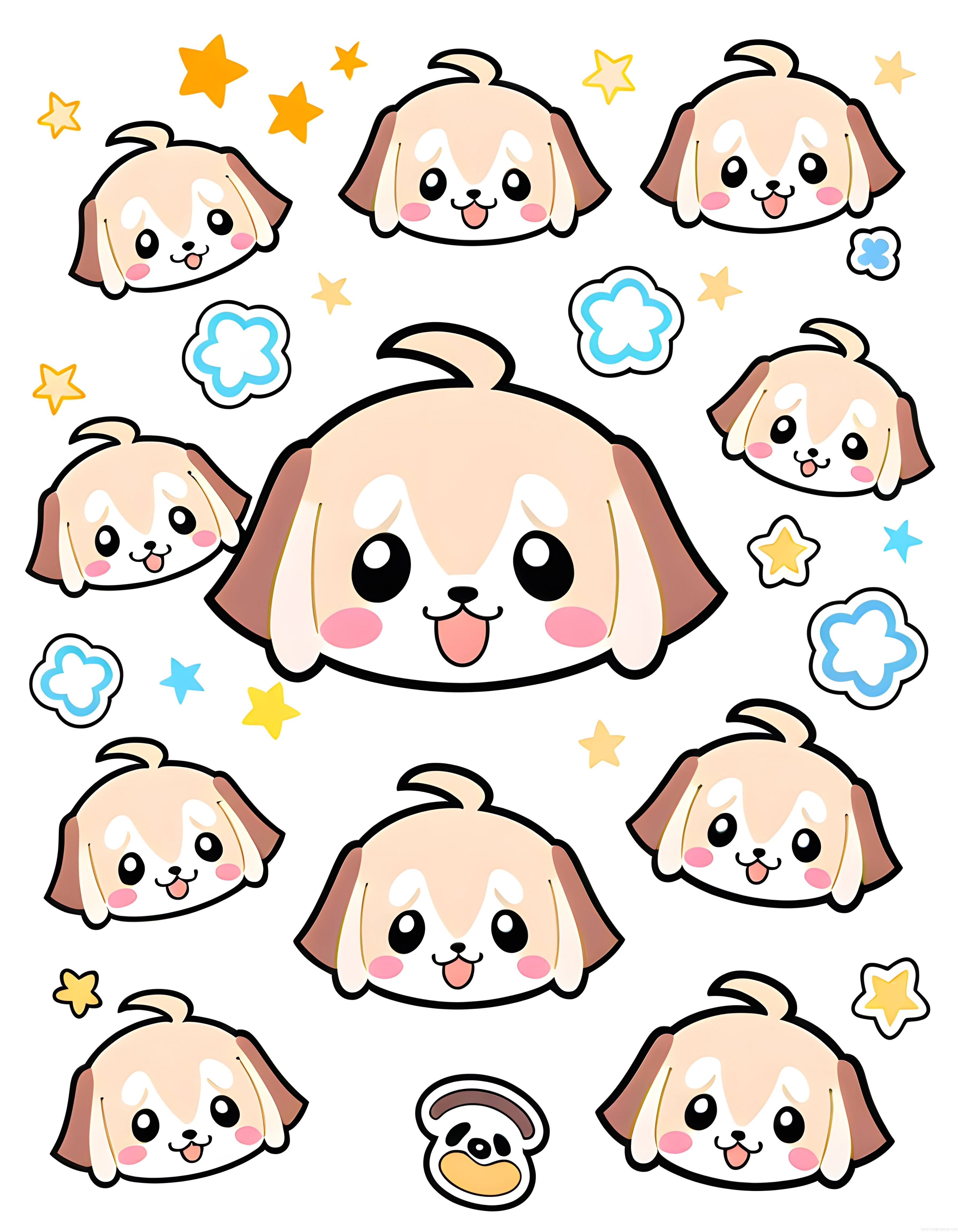 sevimli köpek yavrusu başlarından oluşan pastel kawaii desen ve çıkartma seti