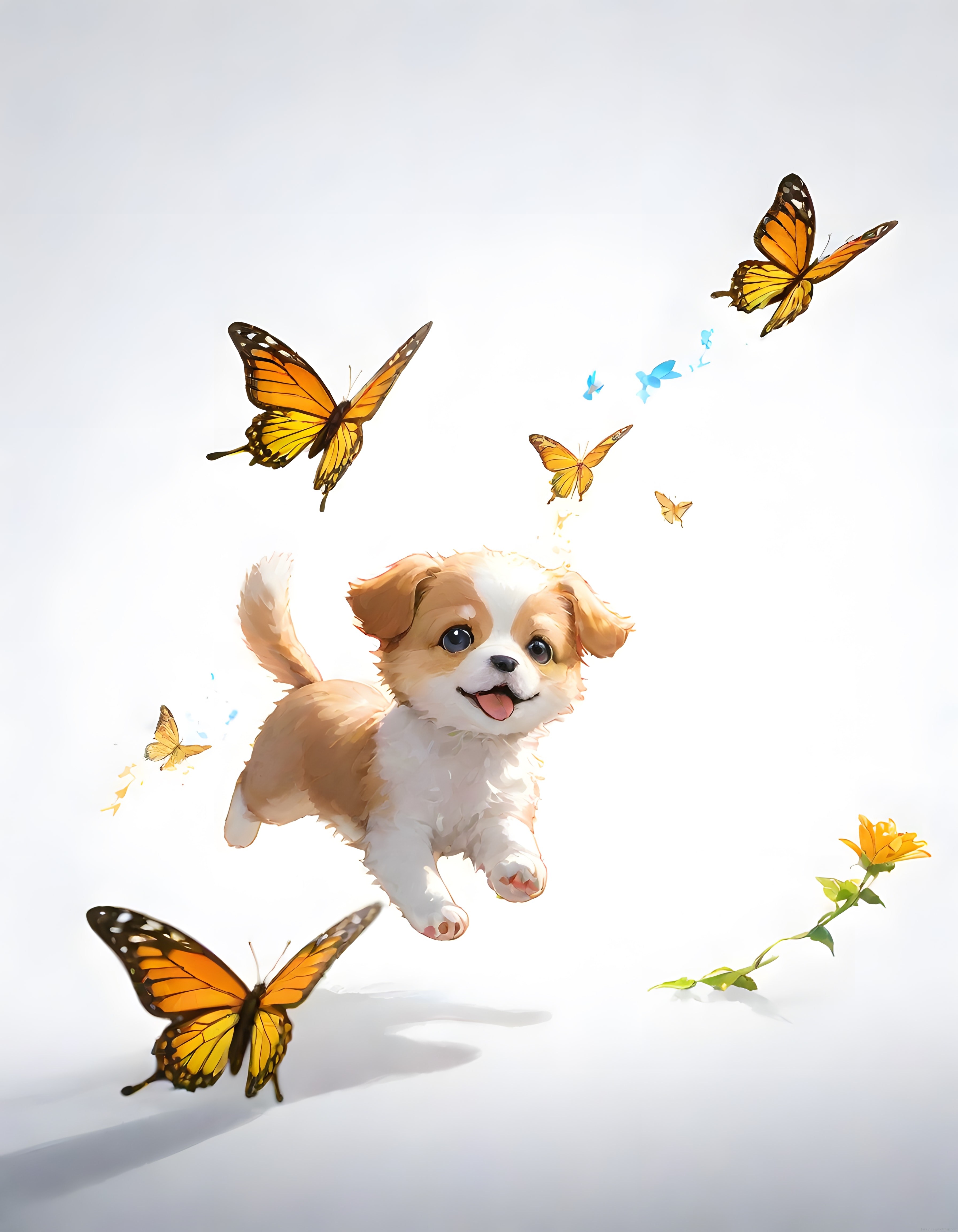 Sevimli Köpek Yavrusu ve Sarı Kelebeklerin Neşeli Beyaz Arka Planlı İllüstrasyonu