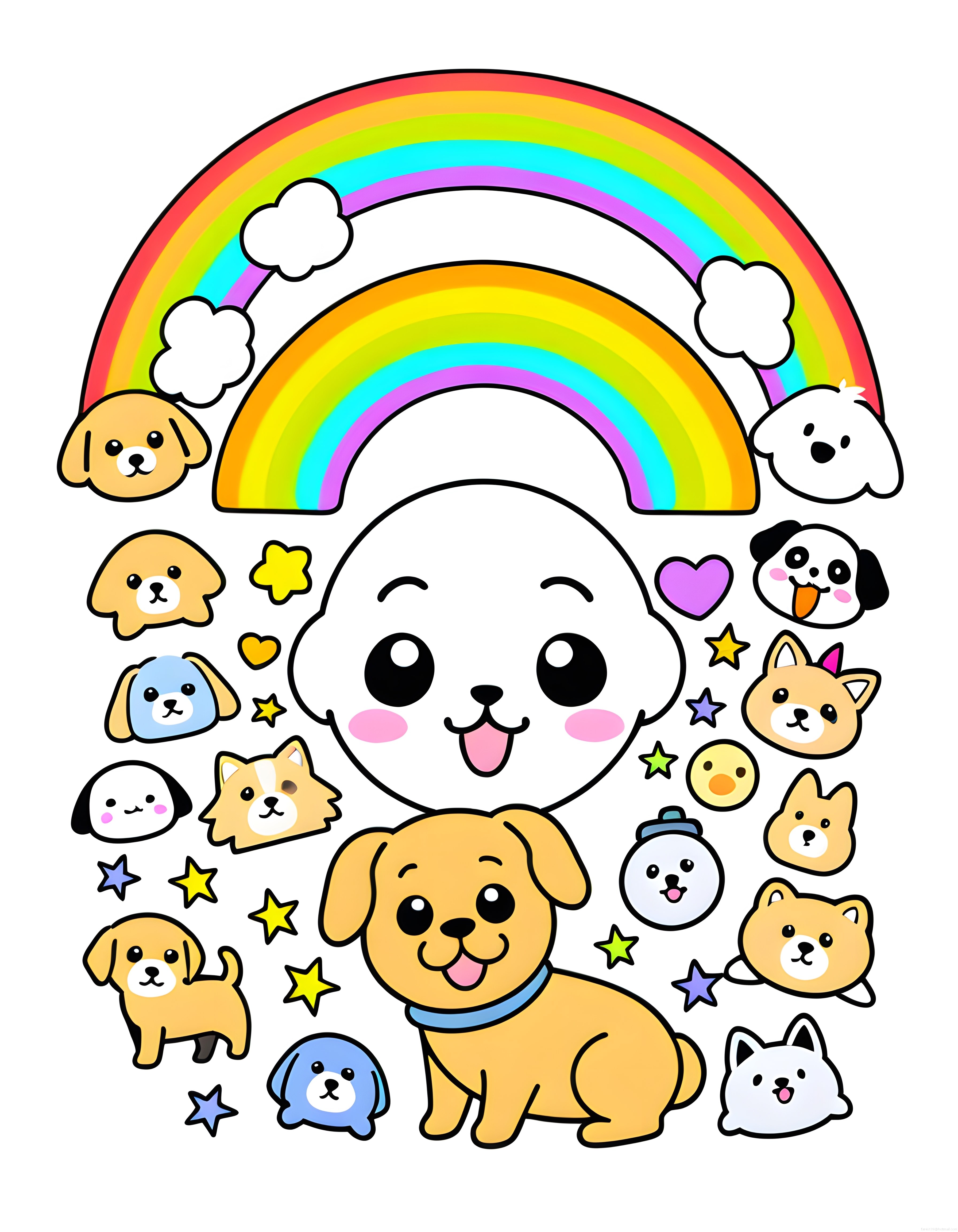 Sevimli Köpekler ve Gökkuşağıyla Dolu Neşeli Kawaii Karikatür Dünyası Sevimli Köpekler ve Gökkuşağıyla Dolu Neşeli Kawaii Karikatür Dünyası