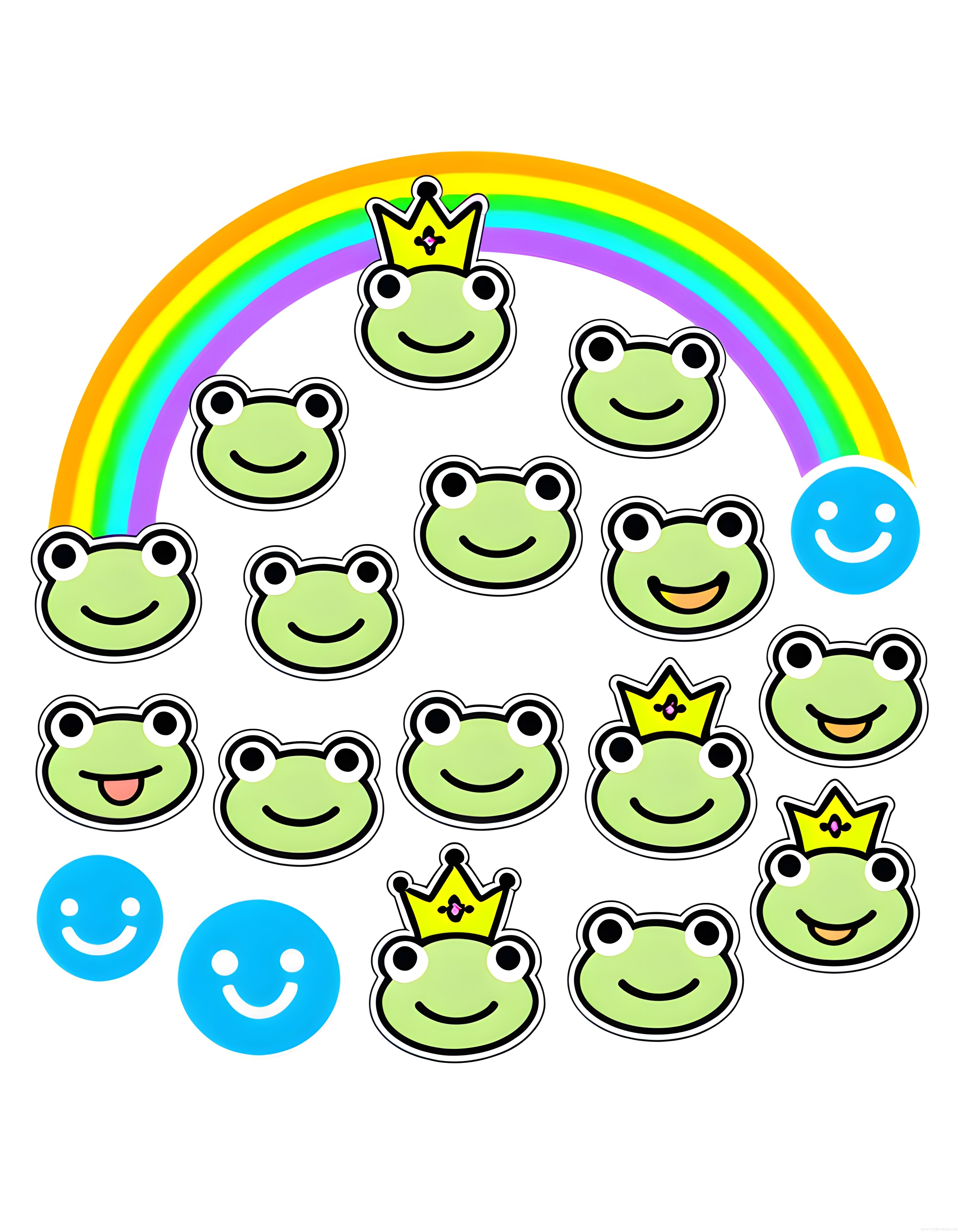 Sevimli kurbağa prens yüzleri, neşeli emoji ve renkli gökkuşağı çıkartma seti