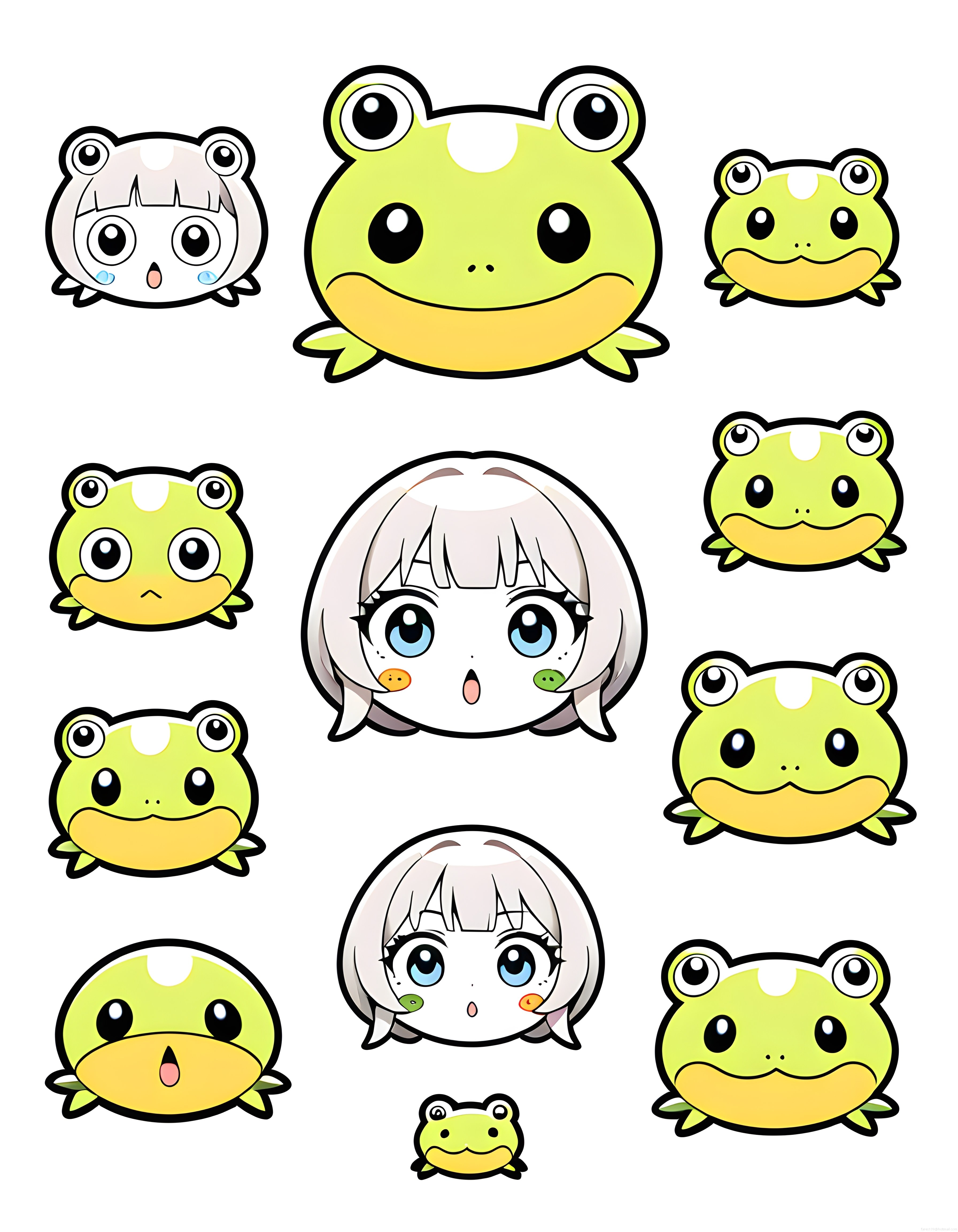 Sevimli Kurbağa ve Anime Kız Çizimleri: Kawaii Dijital Sticker Seti