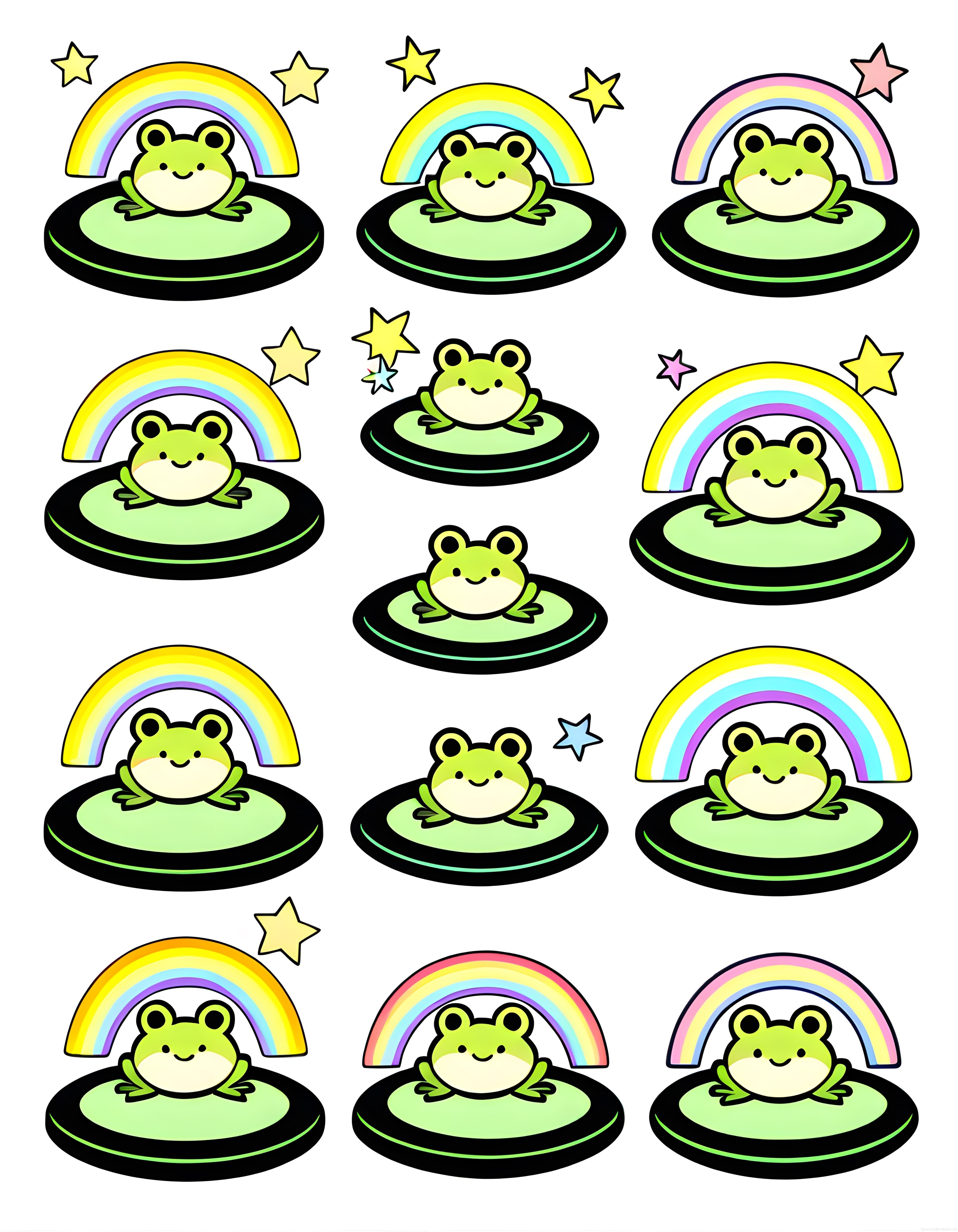 Sevimli Kurbağalar ve Gökkuşakları: Pastel Kawaii Çıkartma Seti