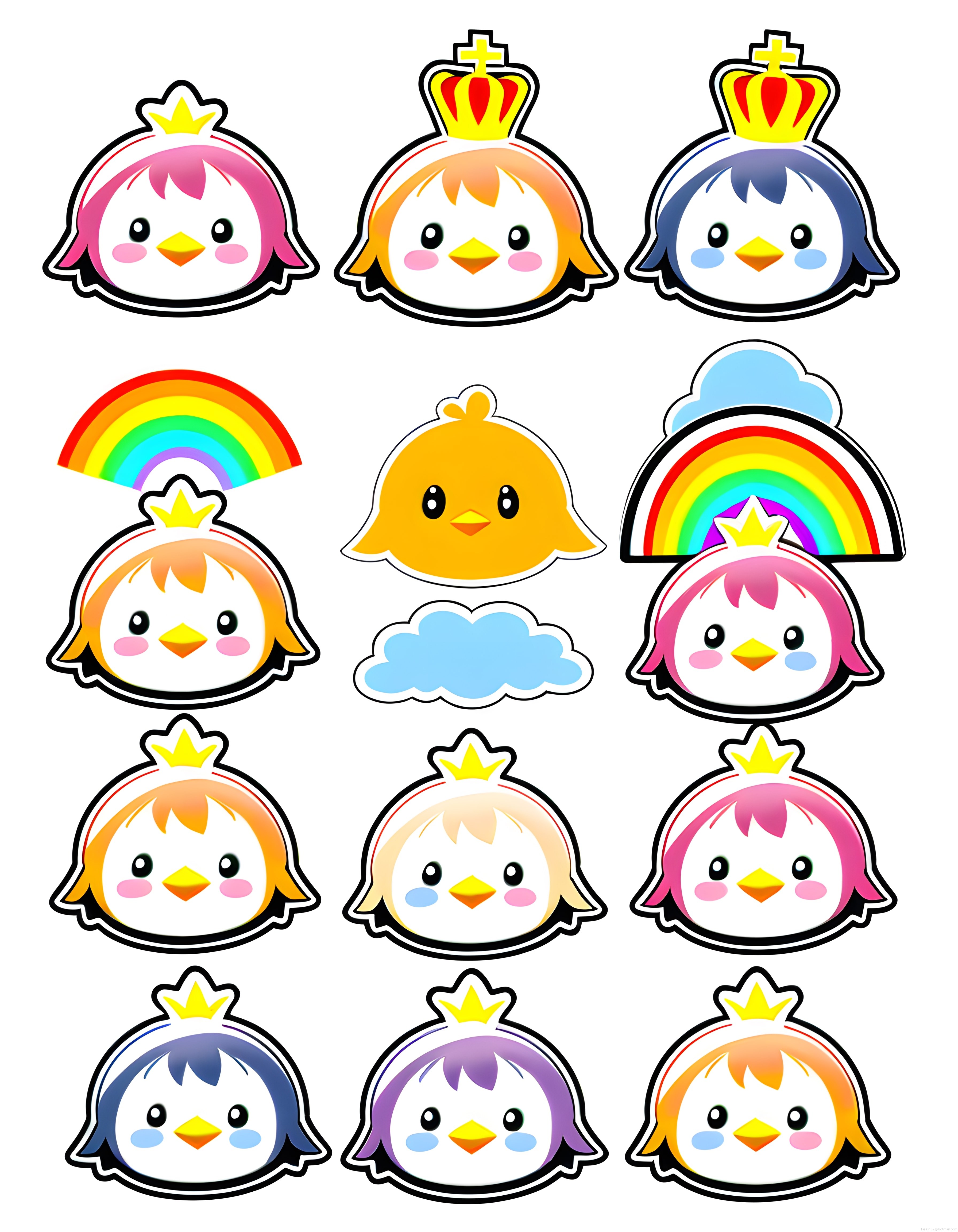 Sevimli kuş yavruları gökkuşağı renkleri ve taçlarıyla kawaii çizim seti