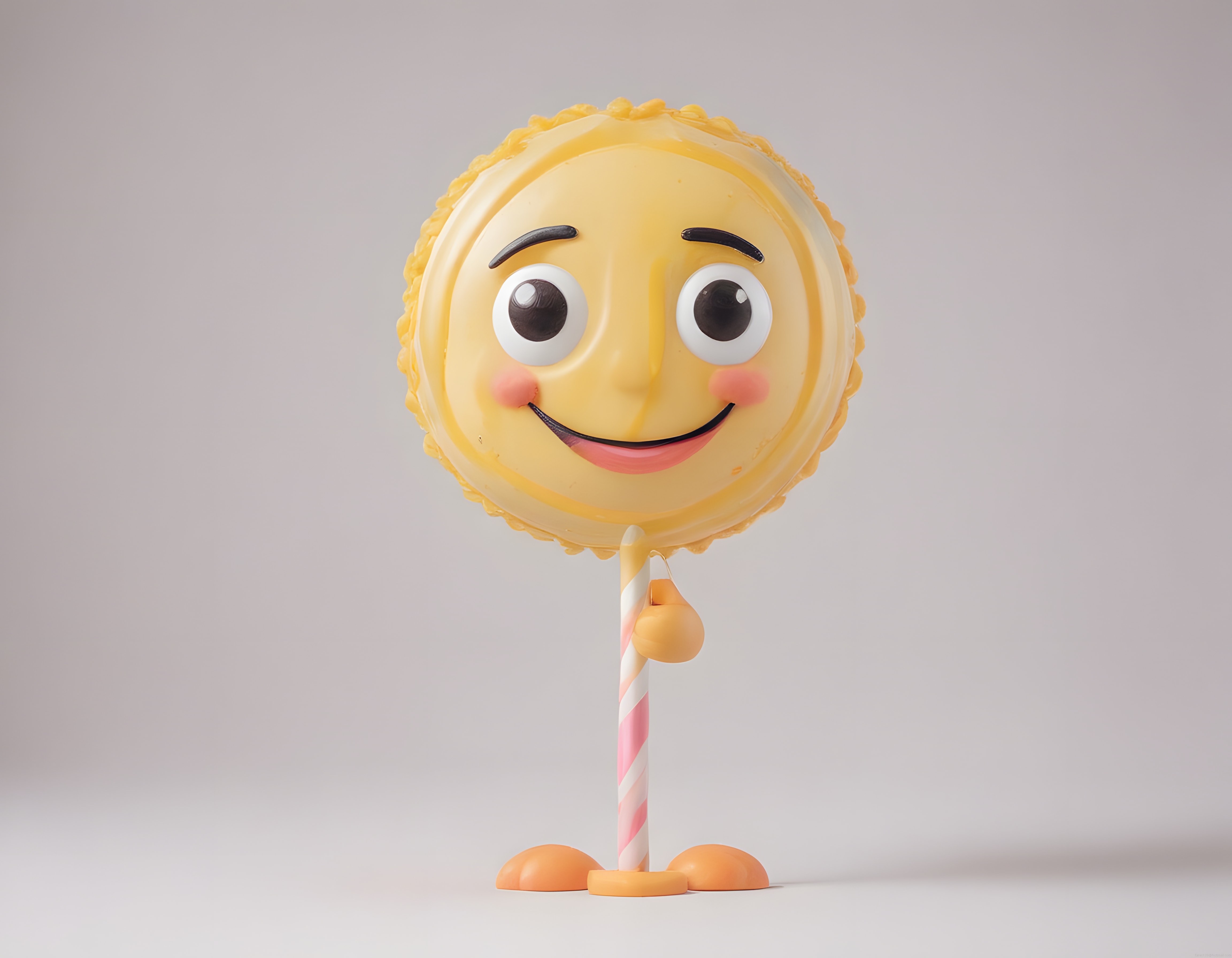 Sevimli lolipop karakterinin pastel tonlu stüdyo ortamında neşeli 3D tasarımı