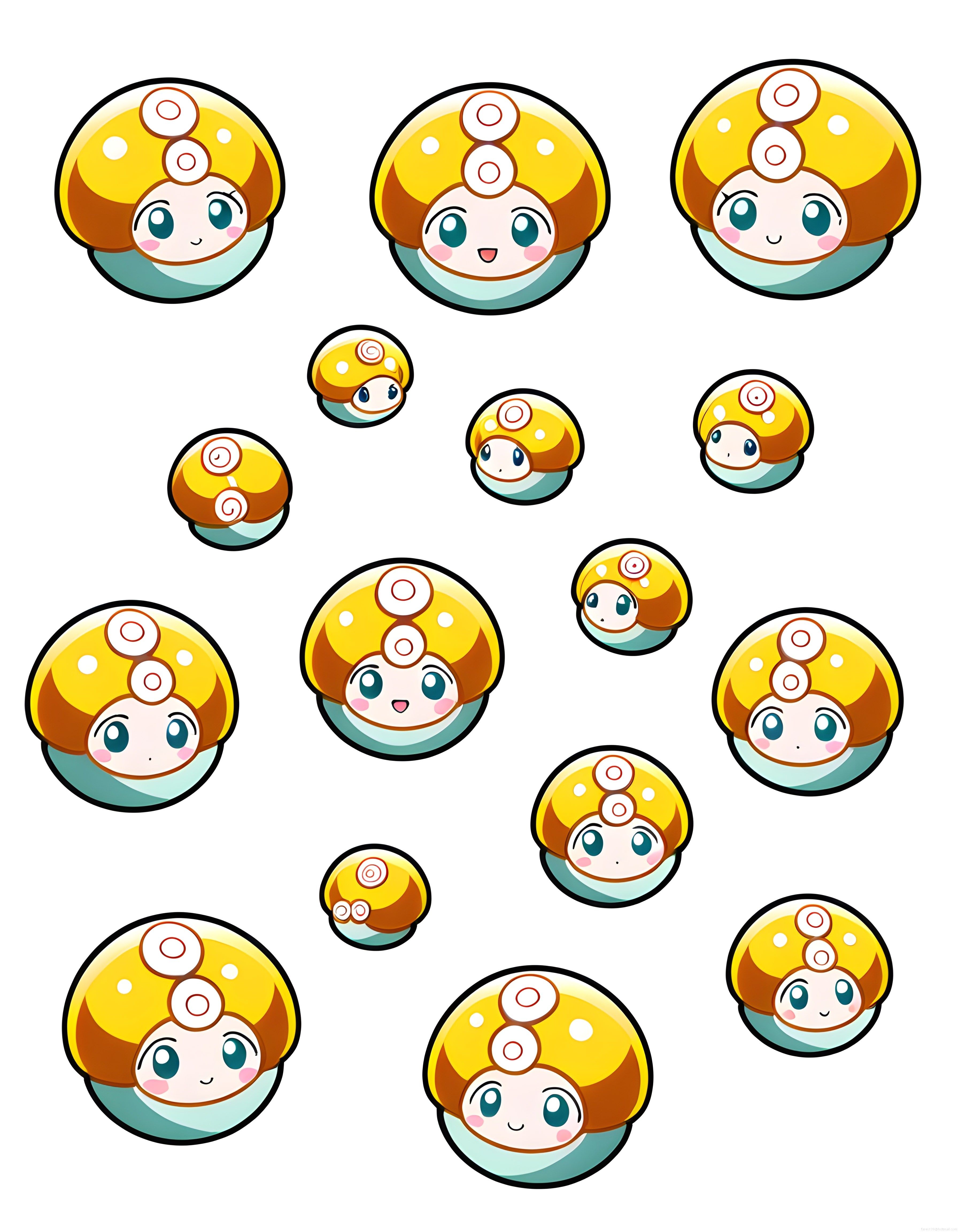 Sevimli mantar şapkalı anime karakter çıkartmaları ve kawaii avatar seti