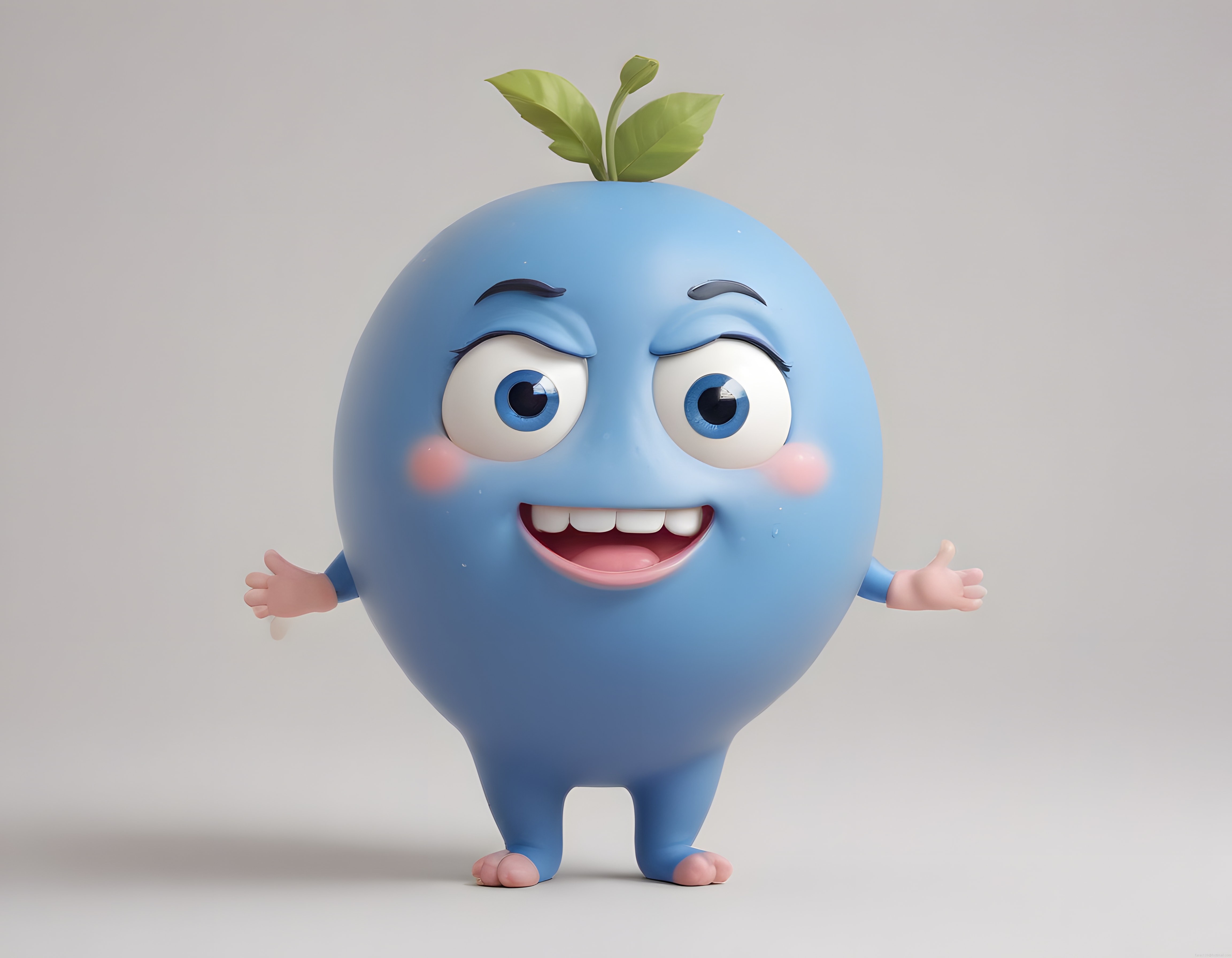 Sevimli Mavi 3D Karakter Tasarımı: Bitki Temalı Gülümseyen Animasyon Maskot ve İllüstrasyon