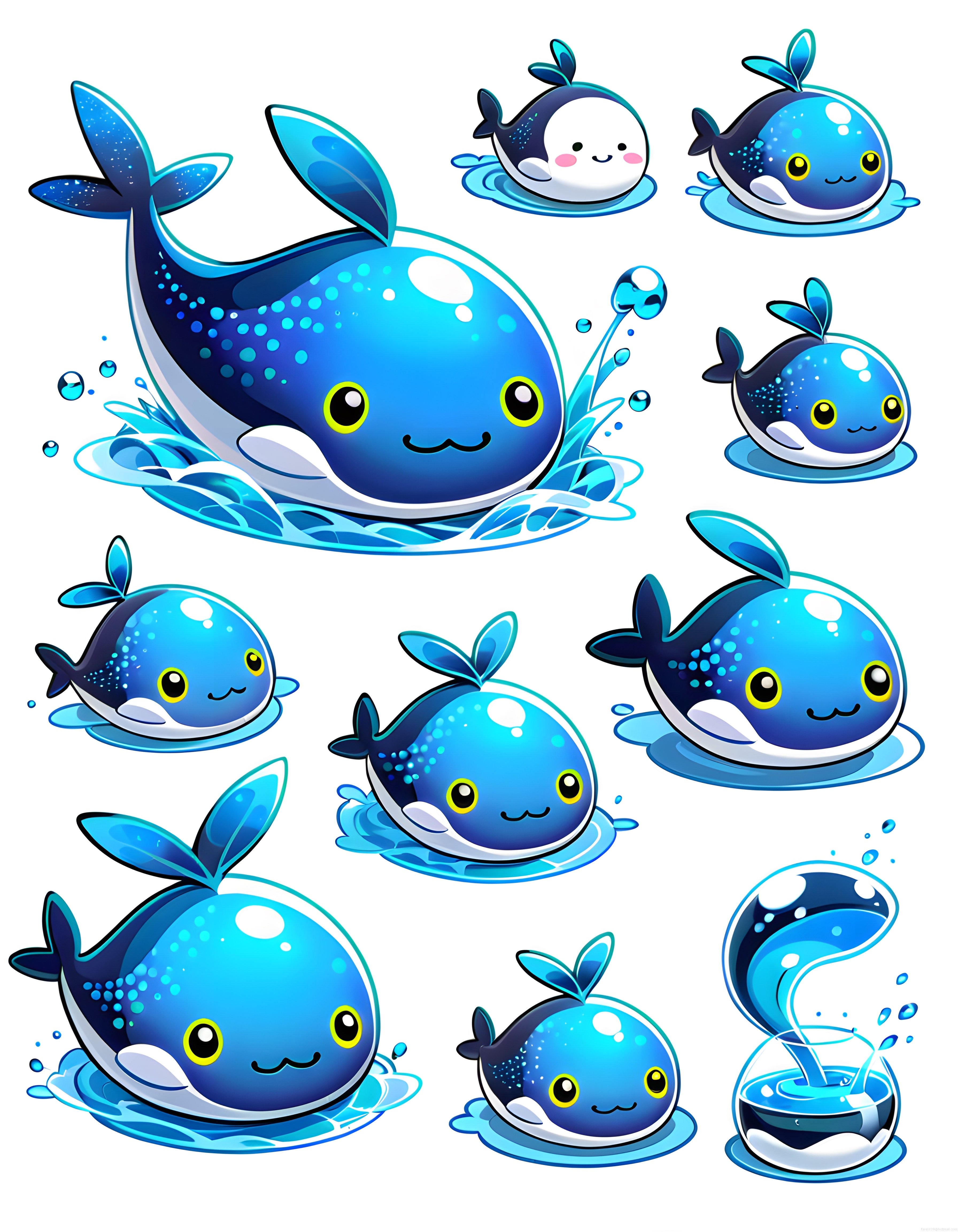 Sevimli Mavi Balina Maskot Seti: Su Sıçrayan Kawaii Deniz Canlısı Çizimleri