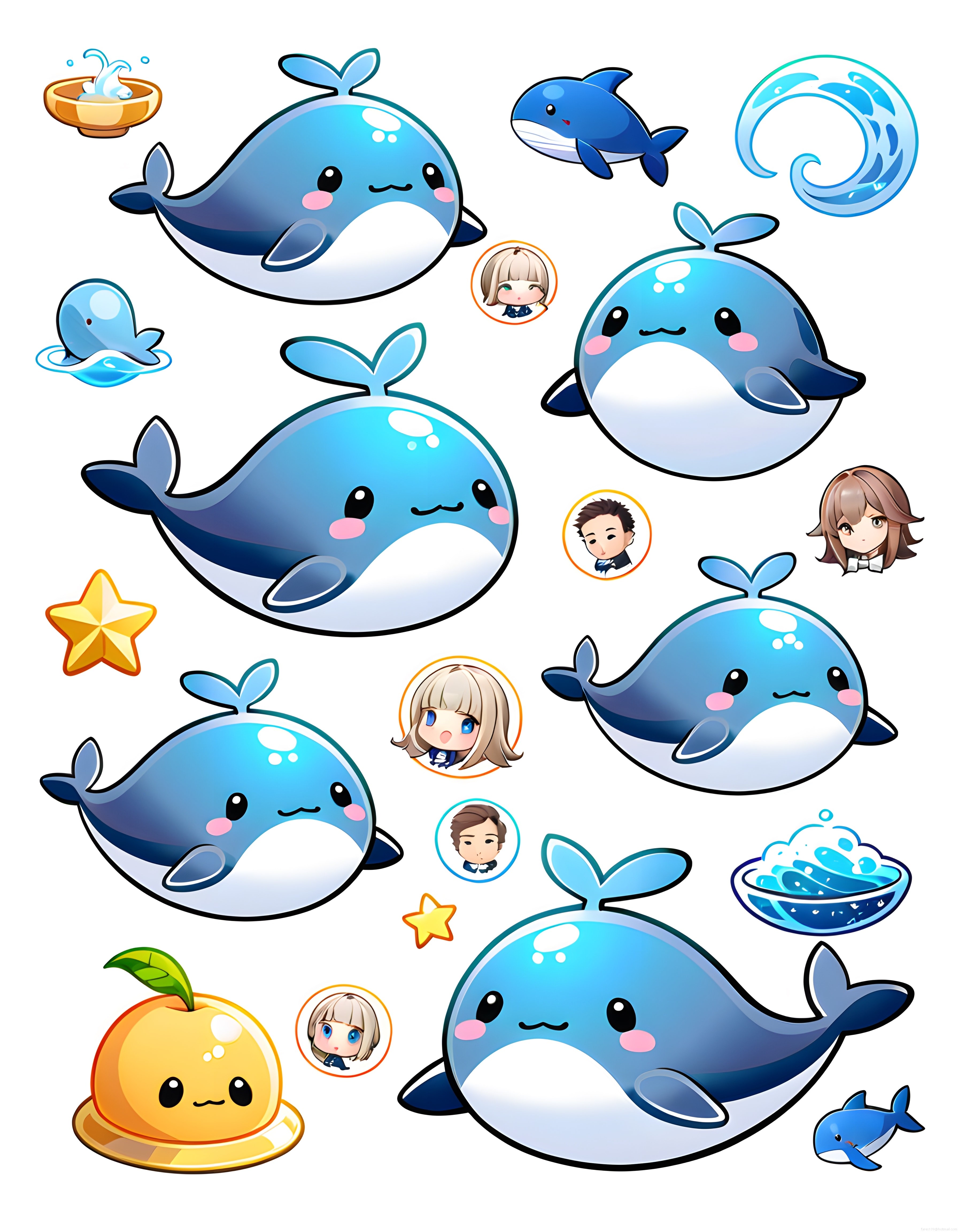 Sevimli Mavi Balina ve Anime Karakter Sticker Seti: Kawaii Çıkartma Tasarımları